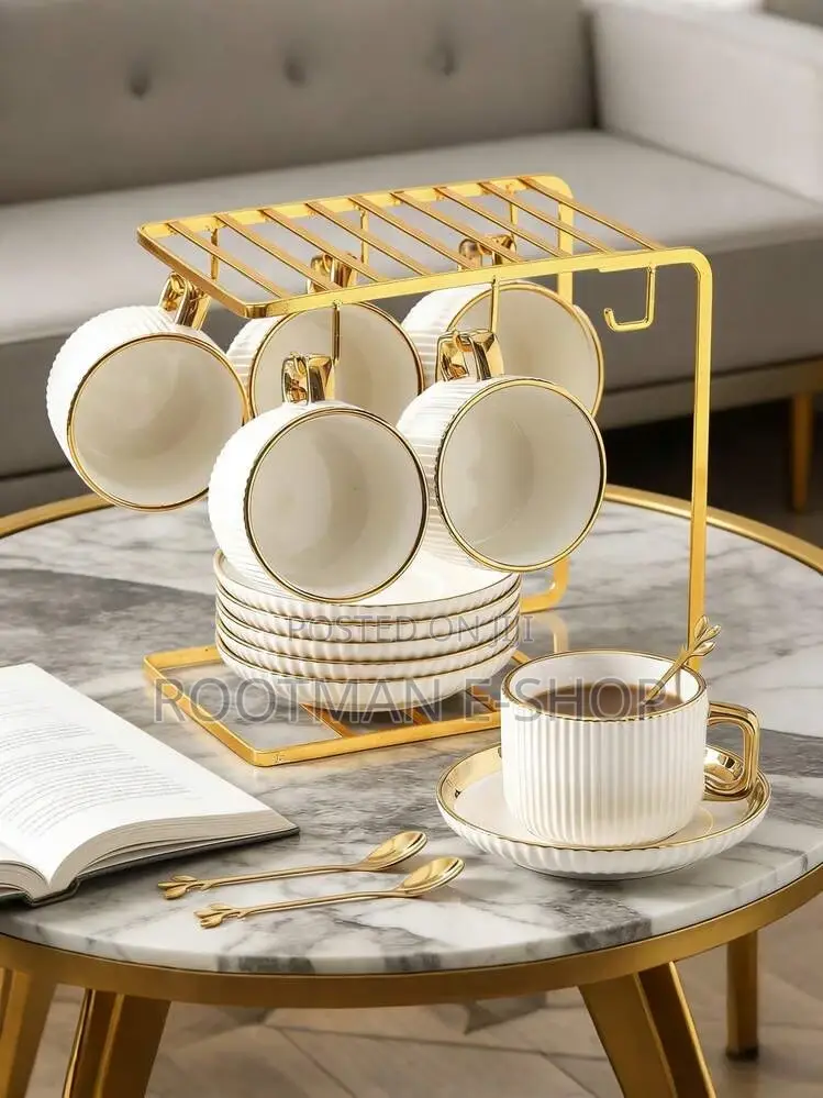 Ceramic 3 Cup Set With Gold Rack