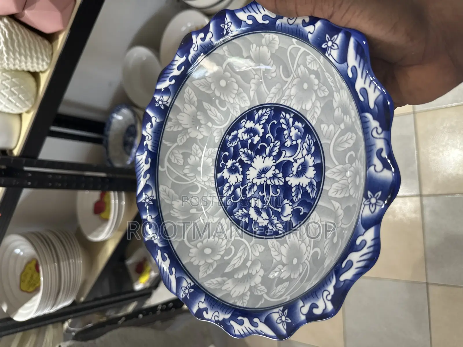 Blue and White Floral Porcelain Serving Bowl