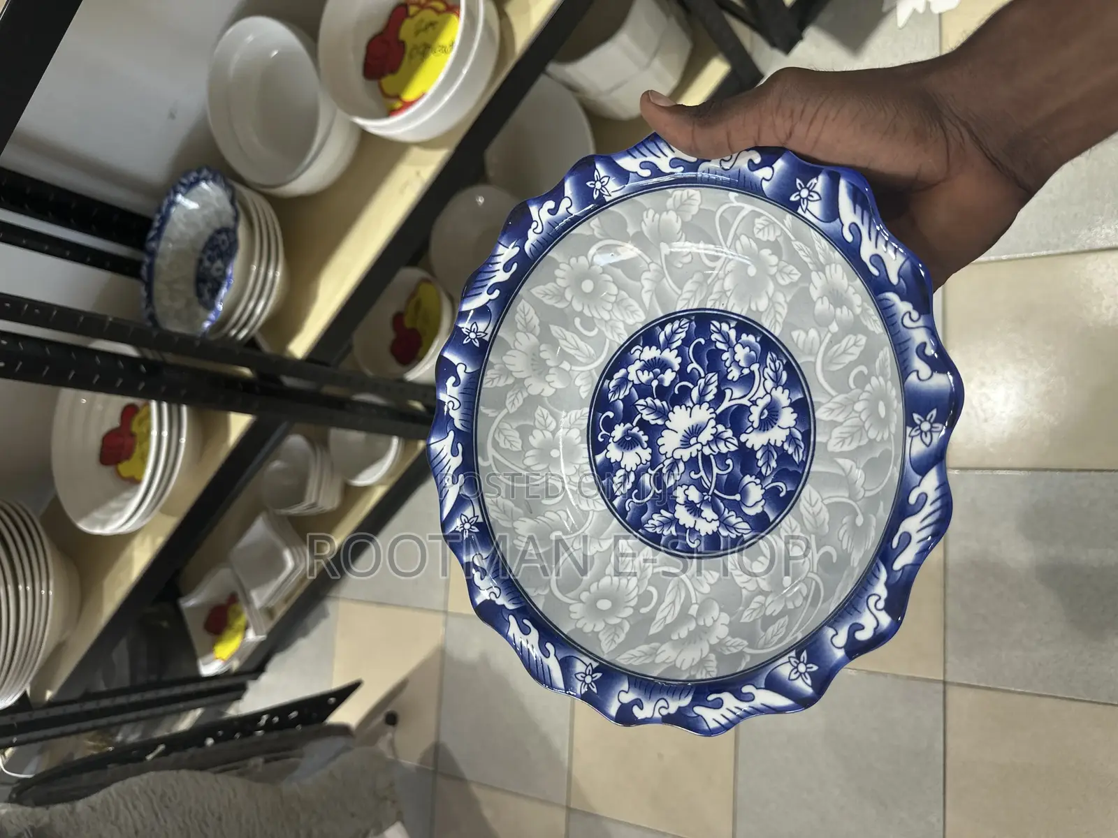 Blue and White Floral Porcelain Serving Bowl