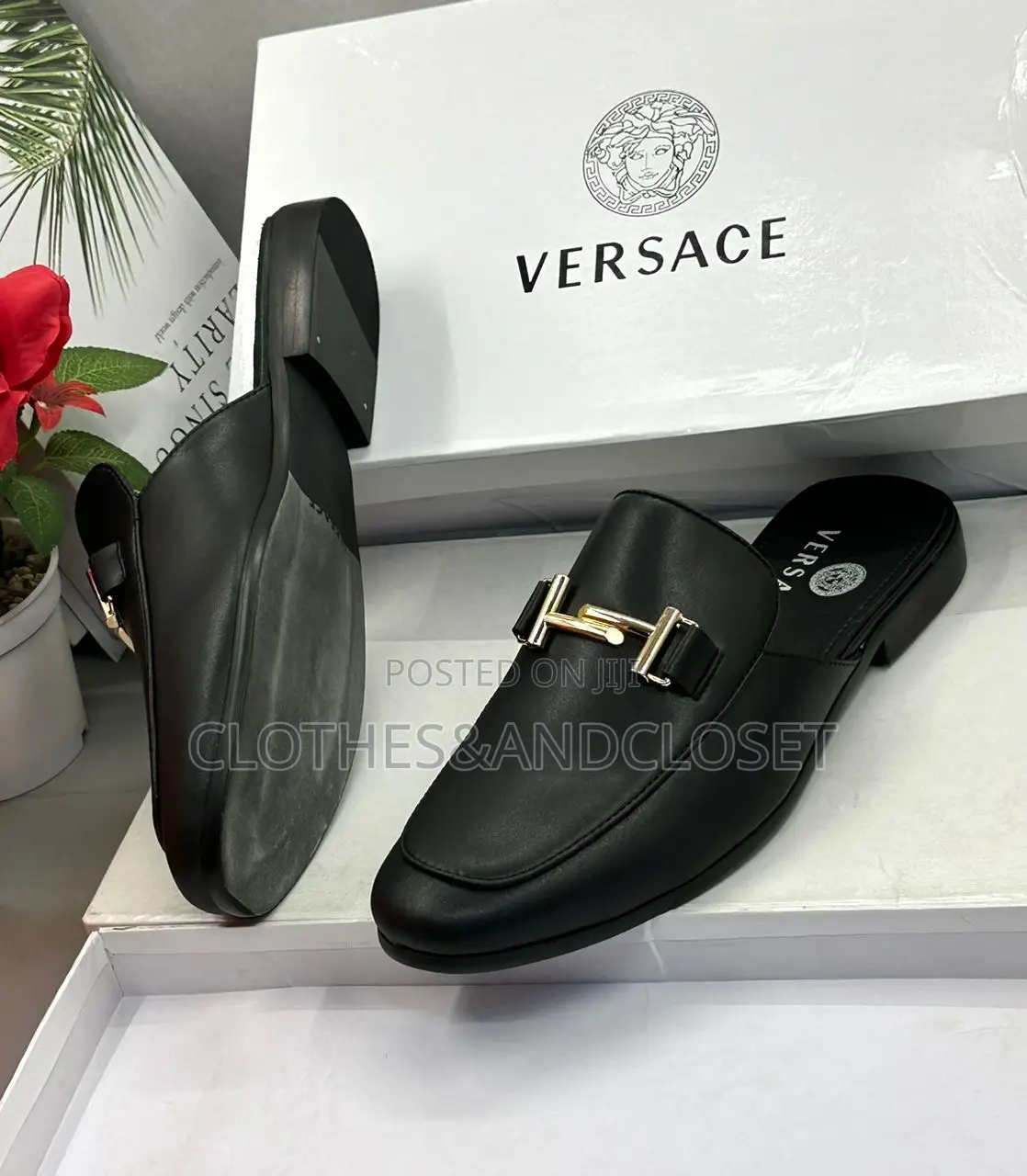 Versace Black Leather Slip-on Mule Loafers With a Gold-Tone Metal