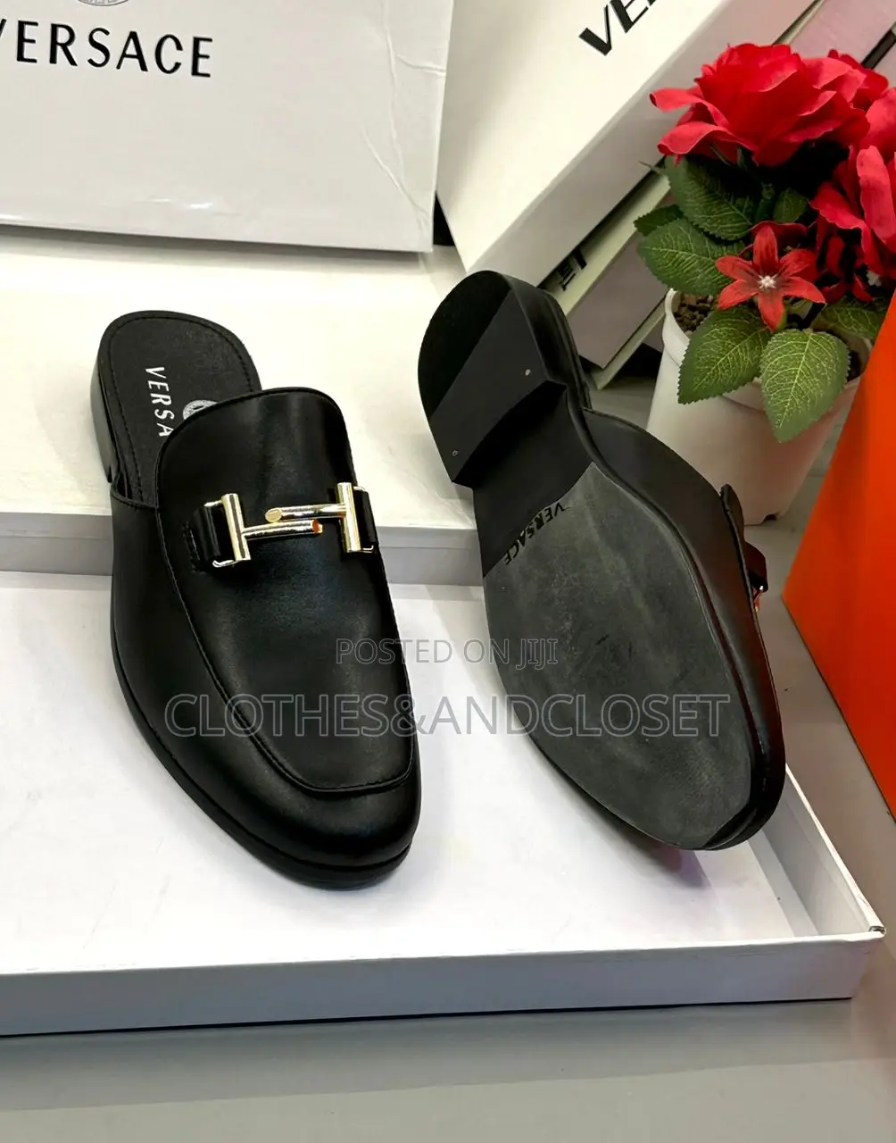 Versace Black Leather Slip-on Mule Loafers With a Gold-Tone Metal