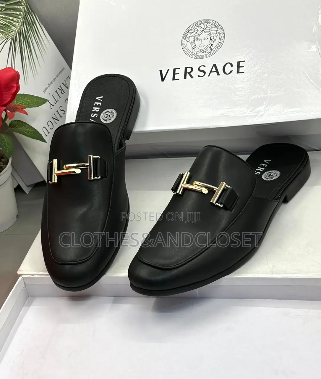 Versace Black Leather Slip-on Mule Loafers With a Gold-Tone Metal