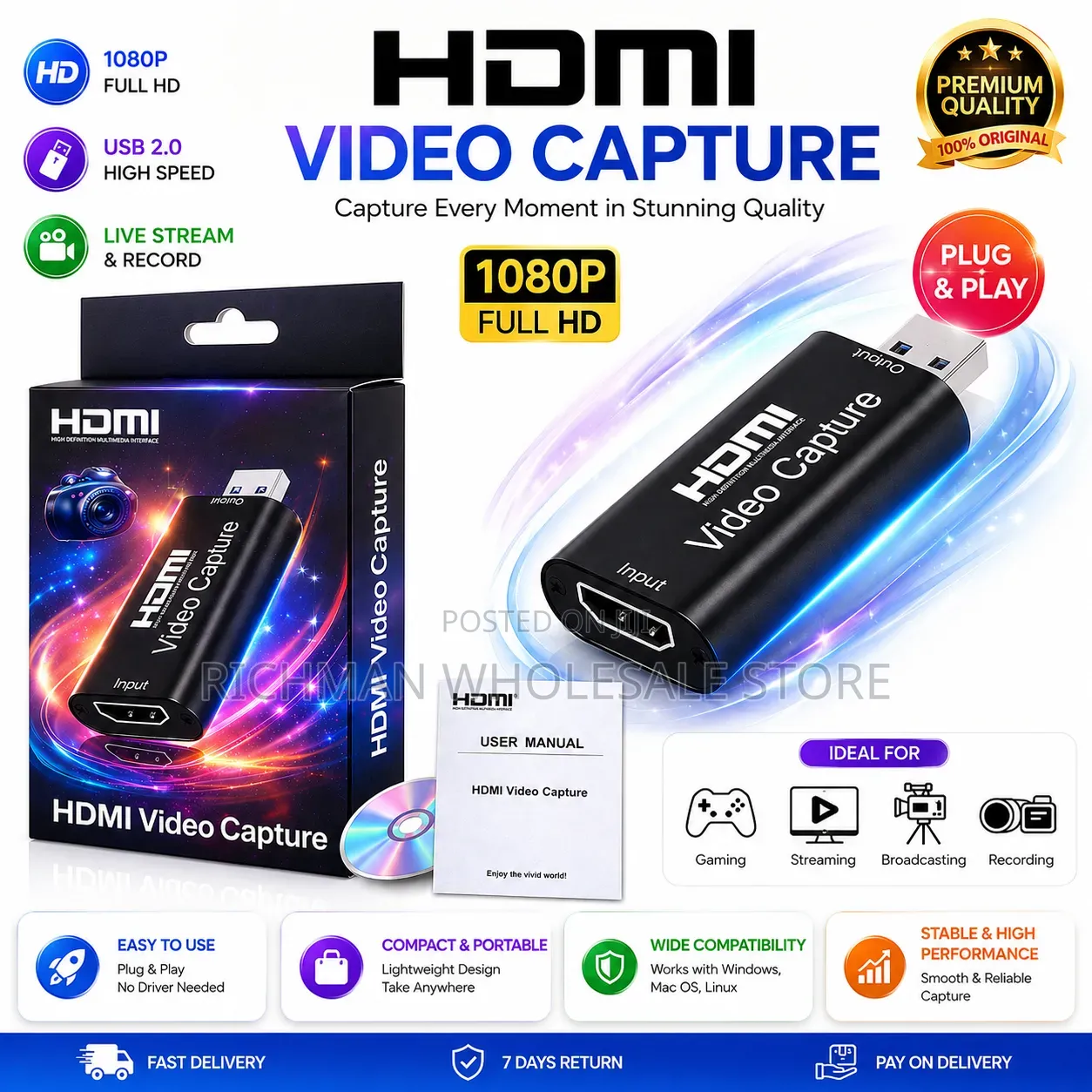Hdmi Video Capture Card Usb 3.0–1080p Full Hd Game Streaming Recording