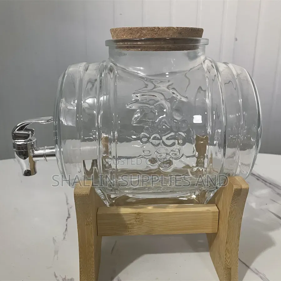 Premium Glass Juice Dispenser Barrel With Wooden Stand