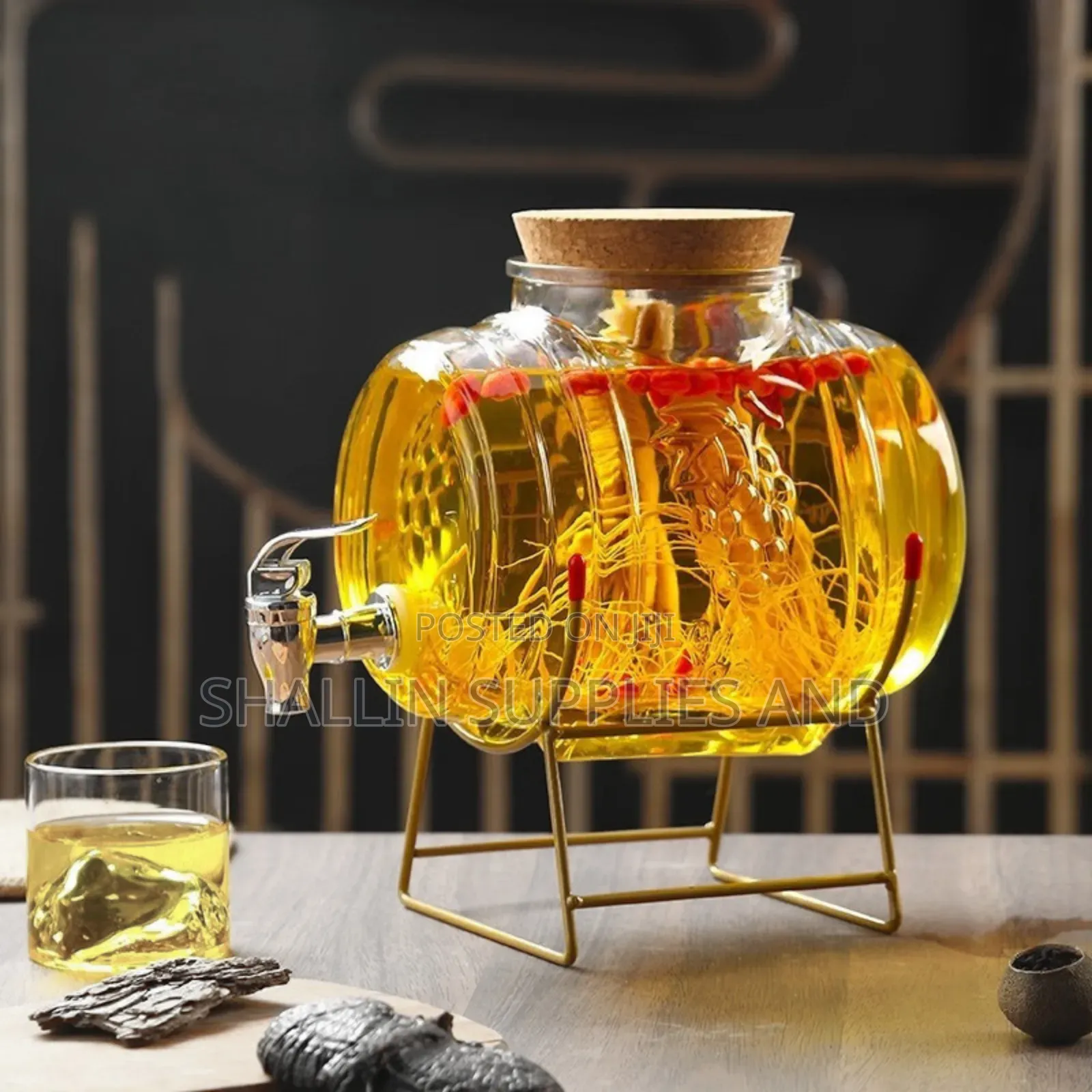 Premium Glass Beverage Barrel With Metal Stand