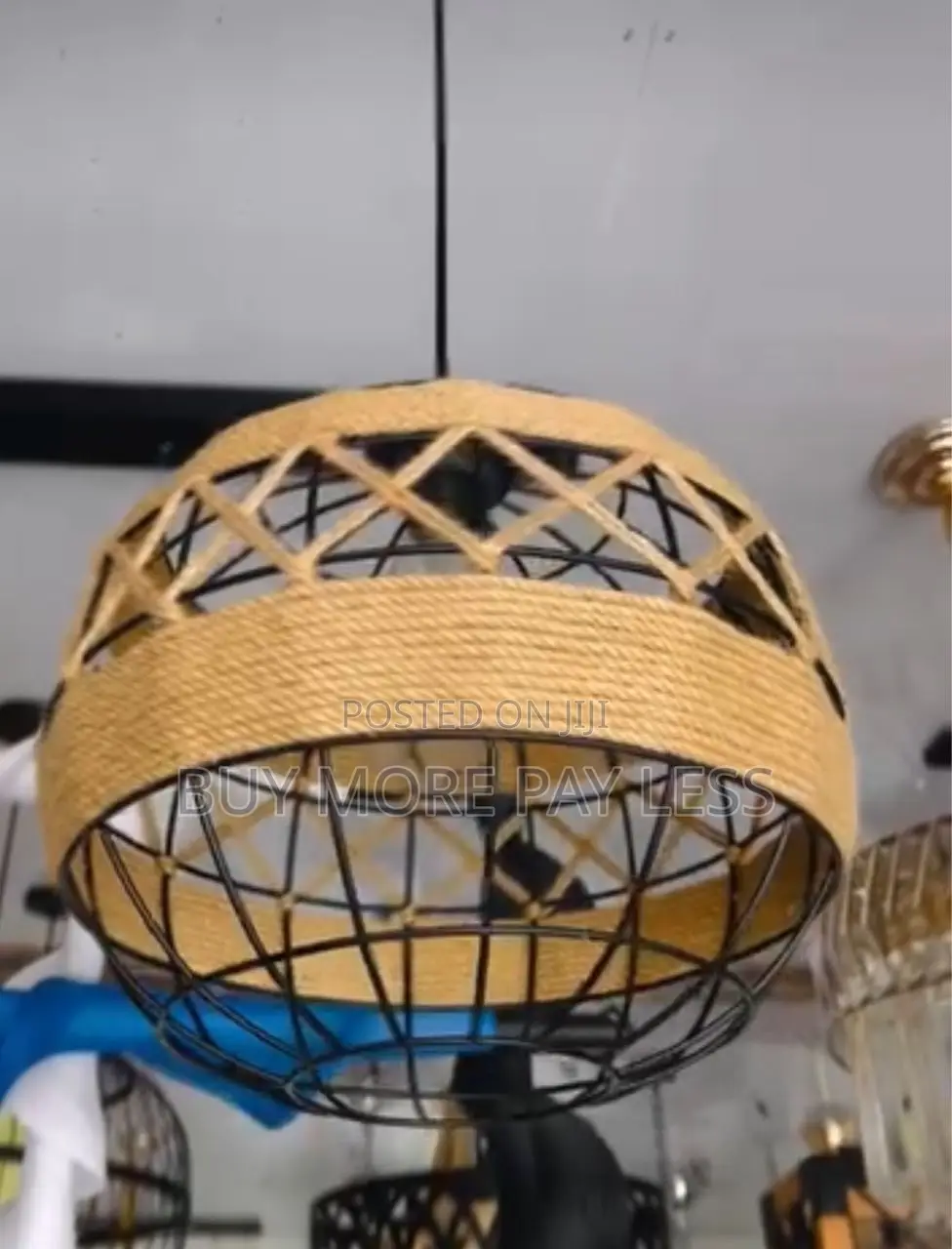 Black Metal and Hemp Rope Pendant Light