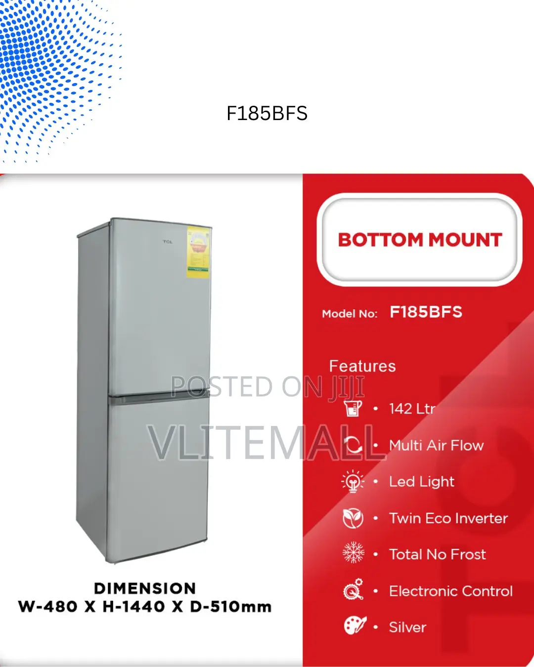 TCL Bottom Mount Fridge F185bfs