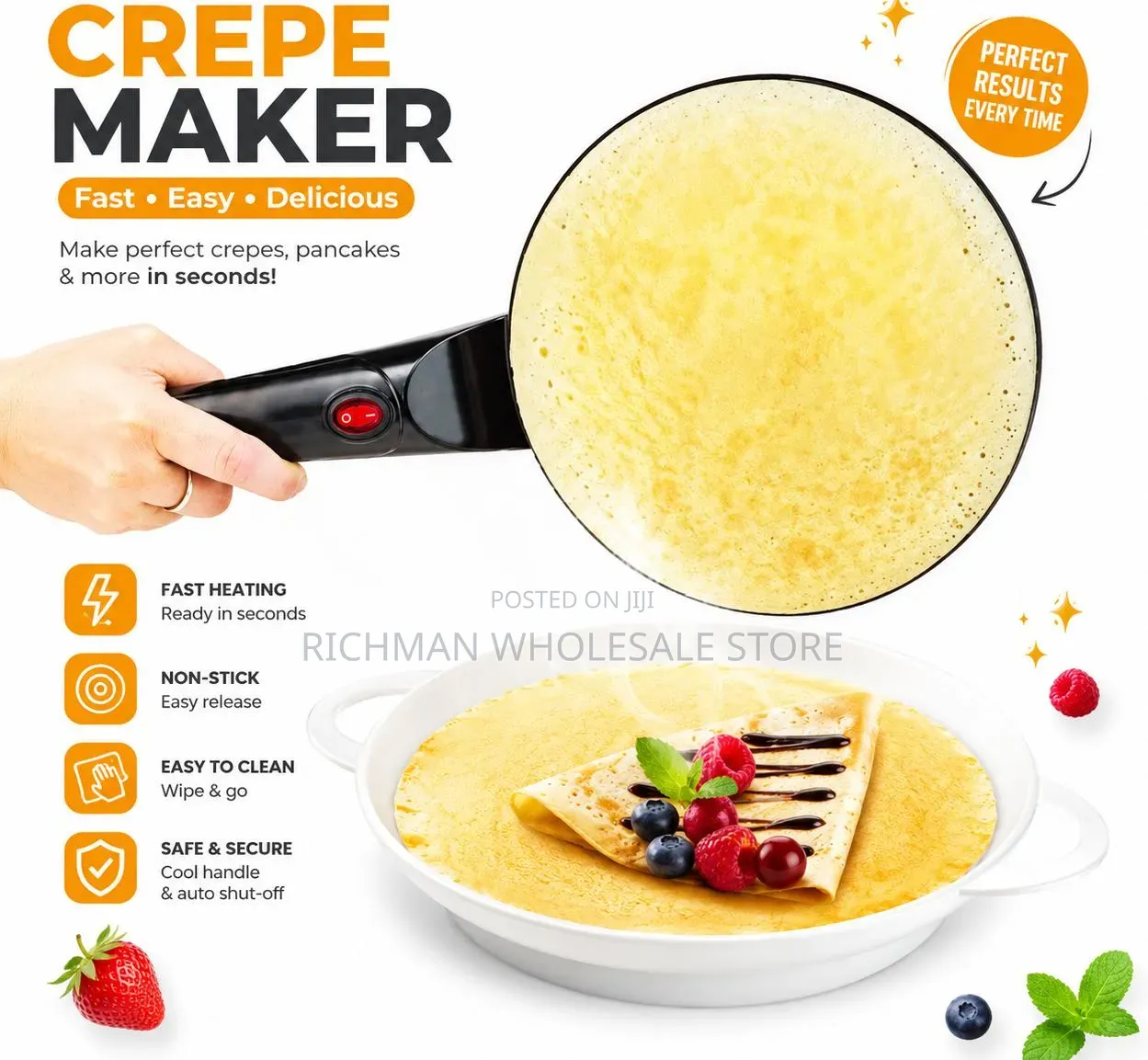 Electric Non-Stick Crepe Maker Machine 20cm – Easy Pancake Maker Black