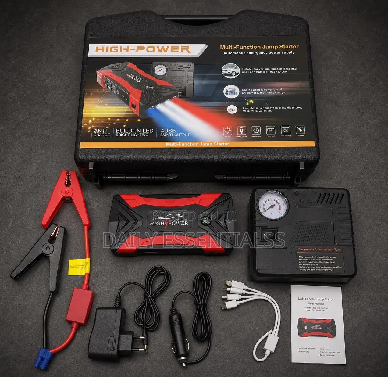 Vehicle Jump Starter With Portable Air Compressor