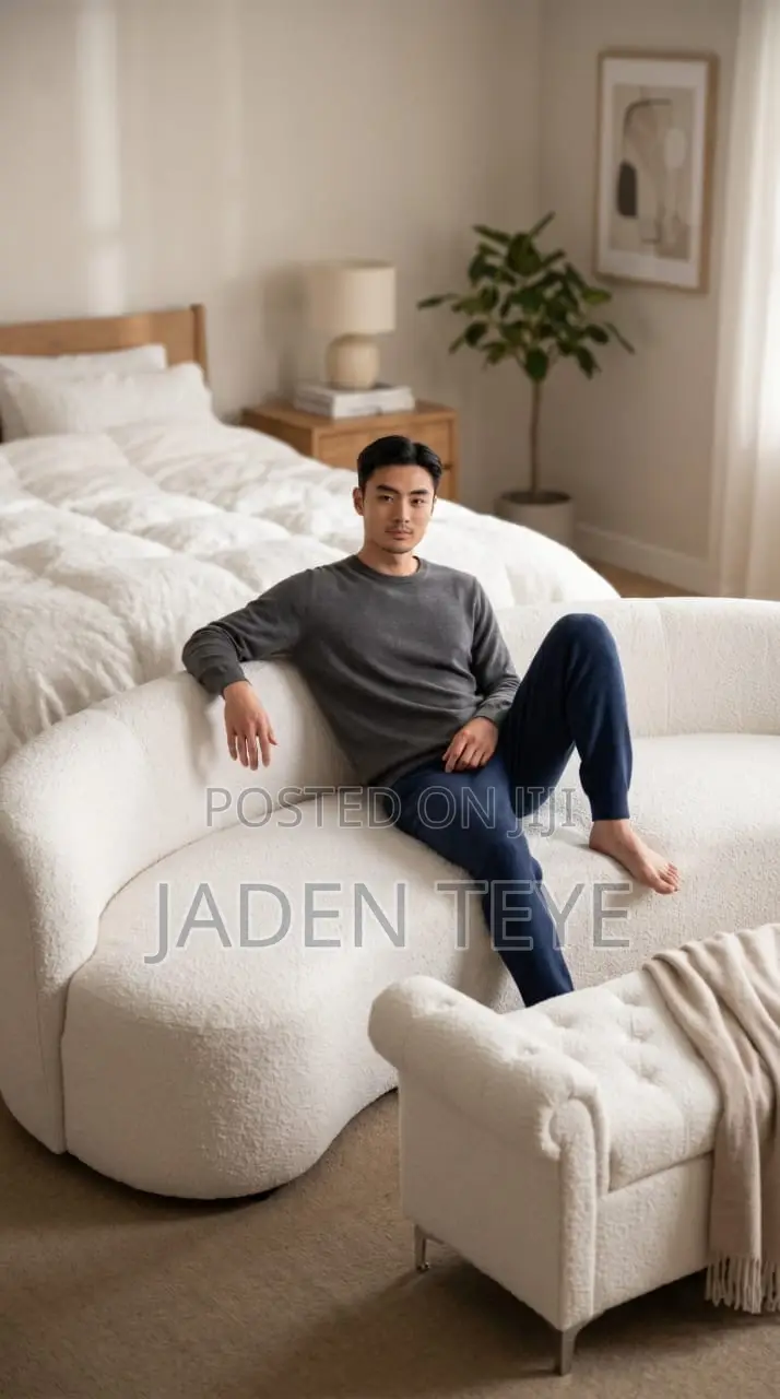 White Designed Fabric Sofa Plus Opening Table and Seat