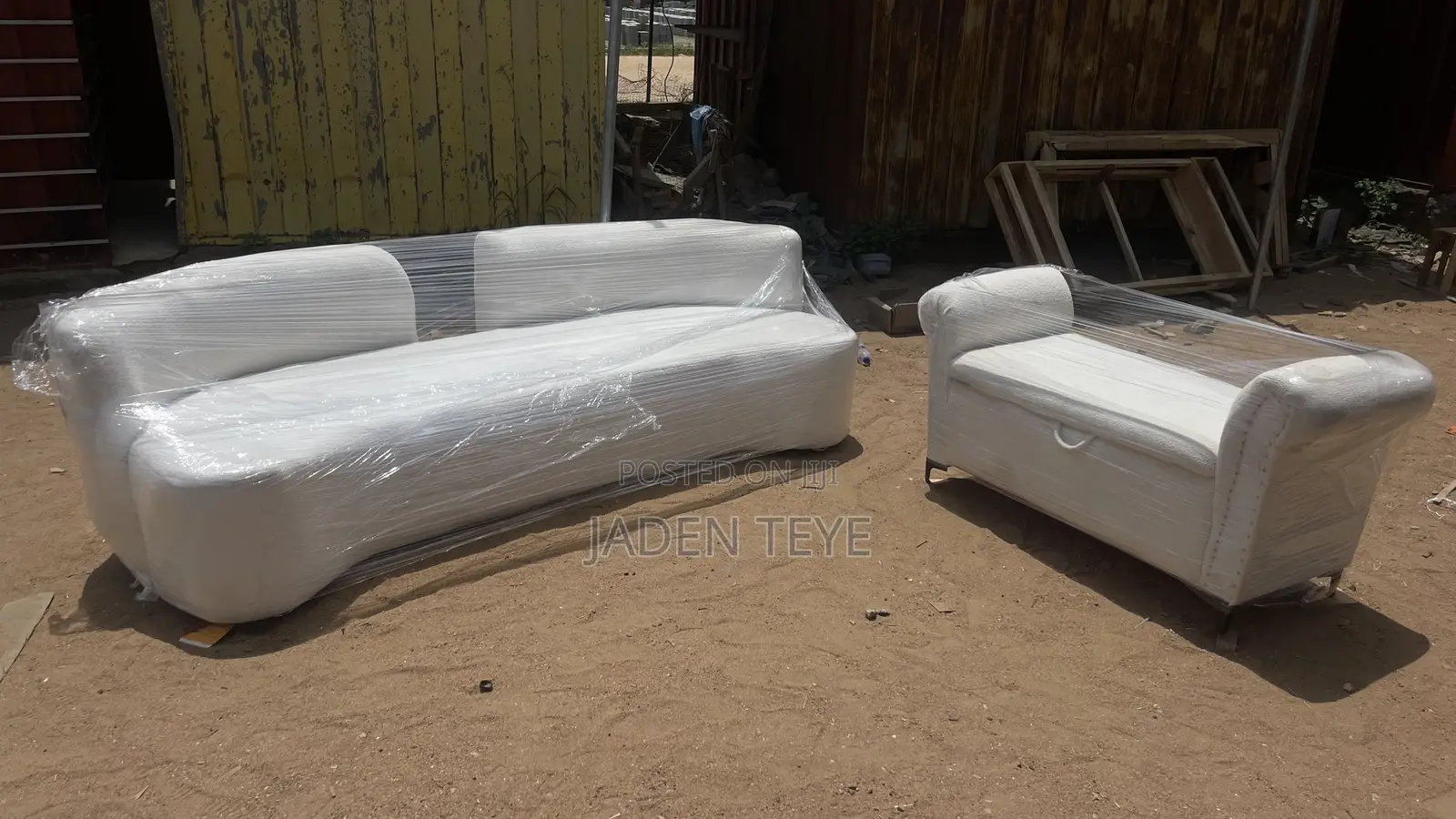 White Designed Fabric Sofa Plus Opening Table and Seat