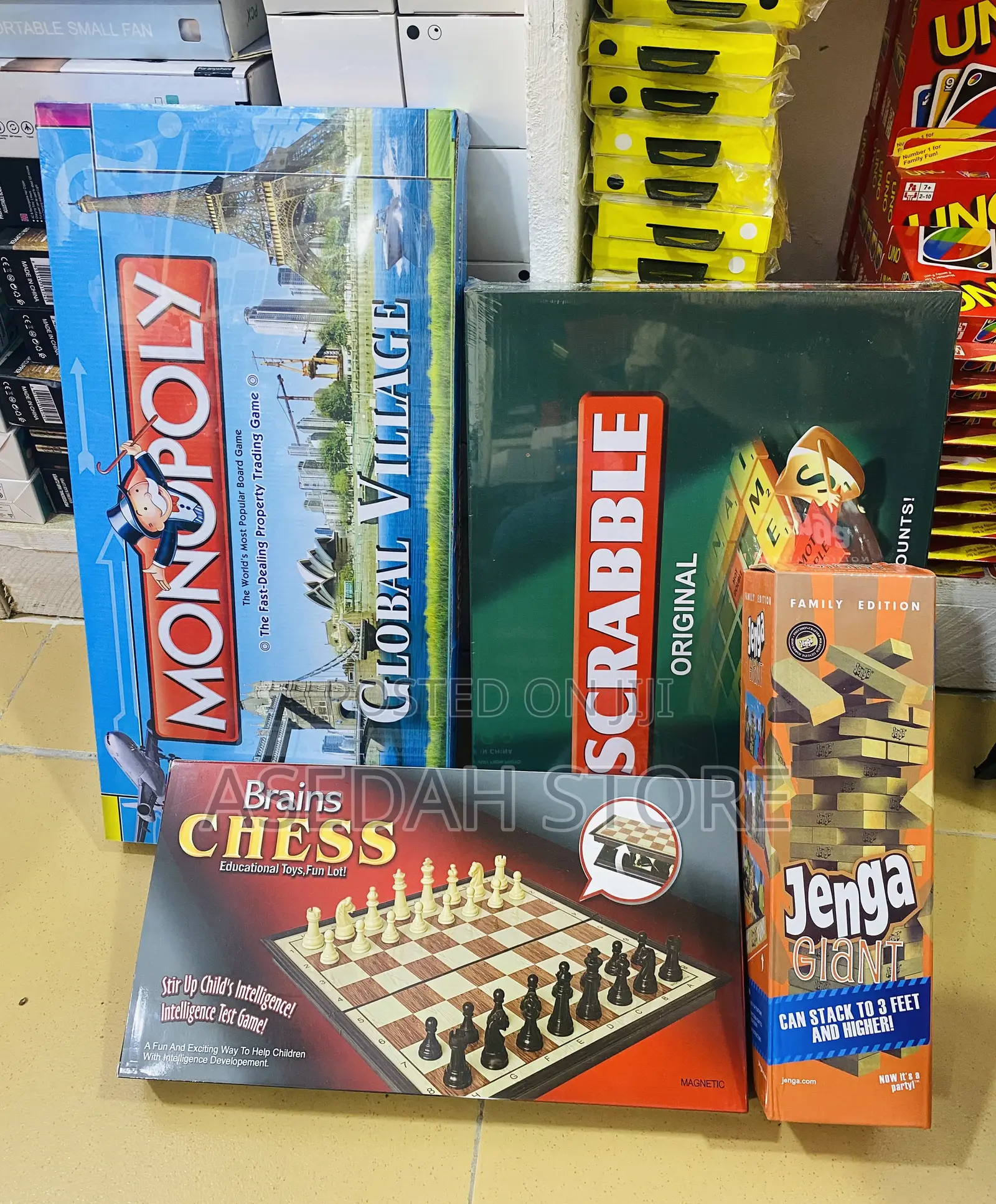Jenga, Monopoly, Scrabble and Chess Games