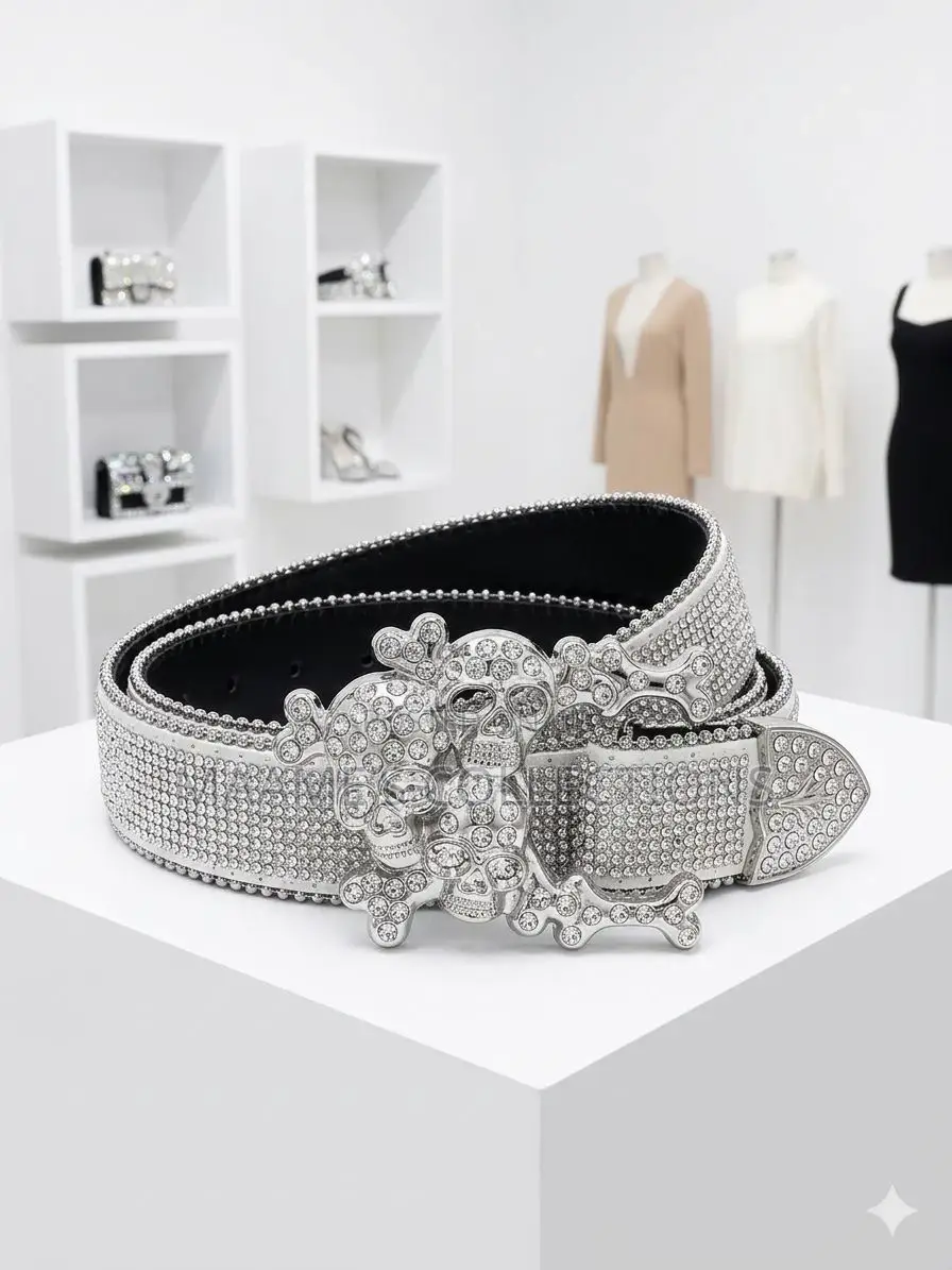 Studded Rhinestone Belt / Fashion Belt With a Western-Style Buckle