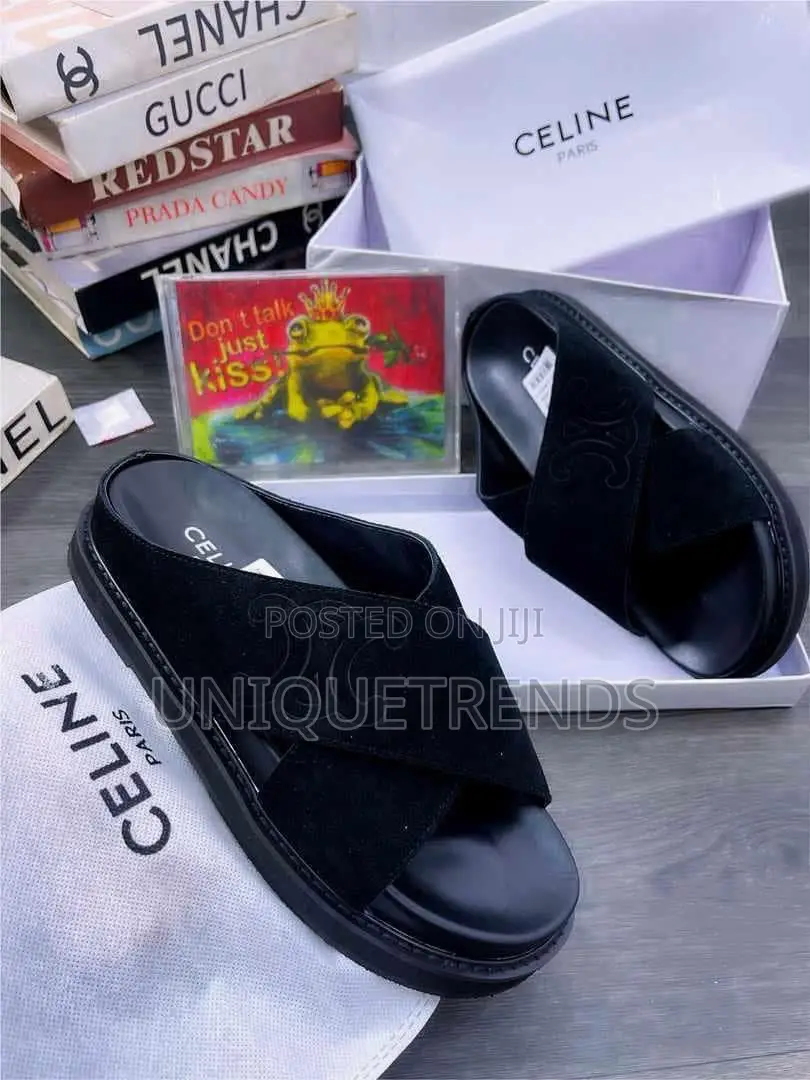 Quality Celine Crossover Suede Leather Slippers (Black)