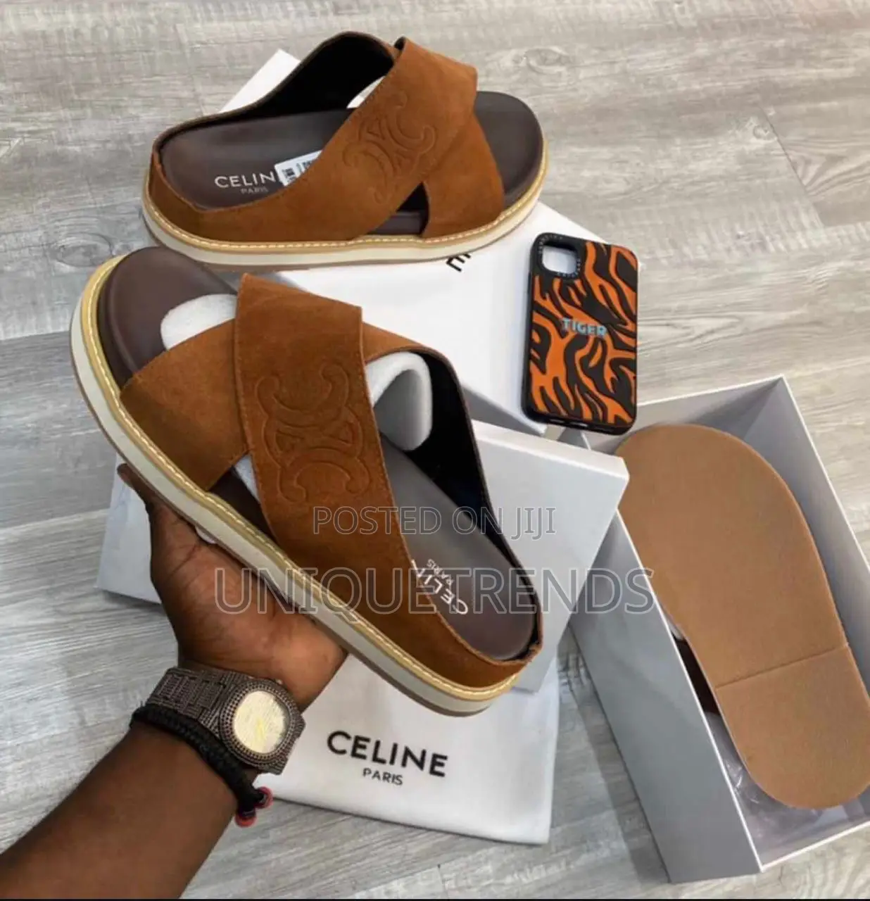 Quality Celine Crossover Suede Leather Slippers (Brown)
