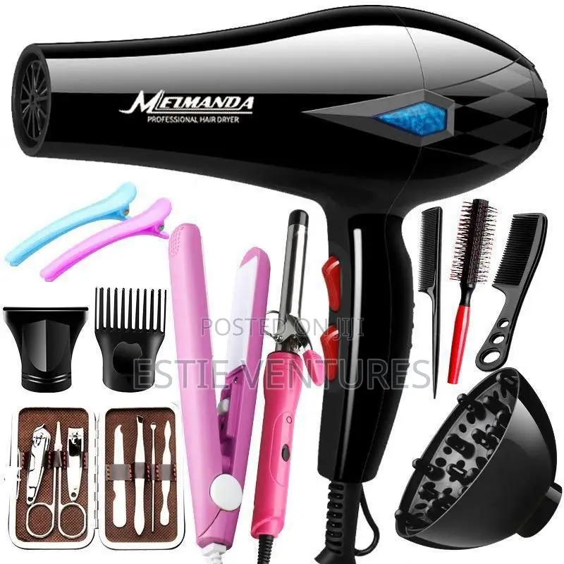 Hair Dryer And Various Styling Accessories.