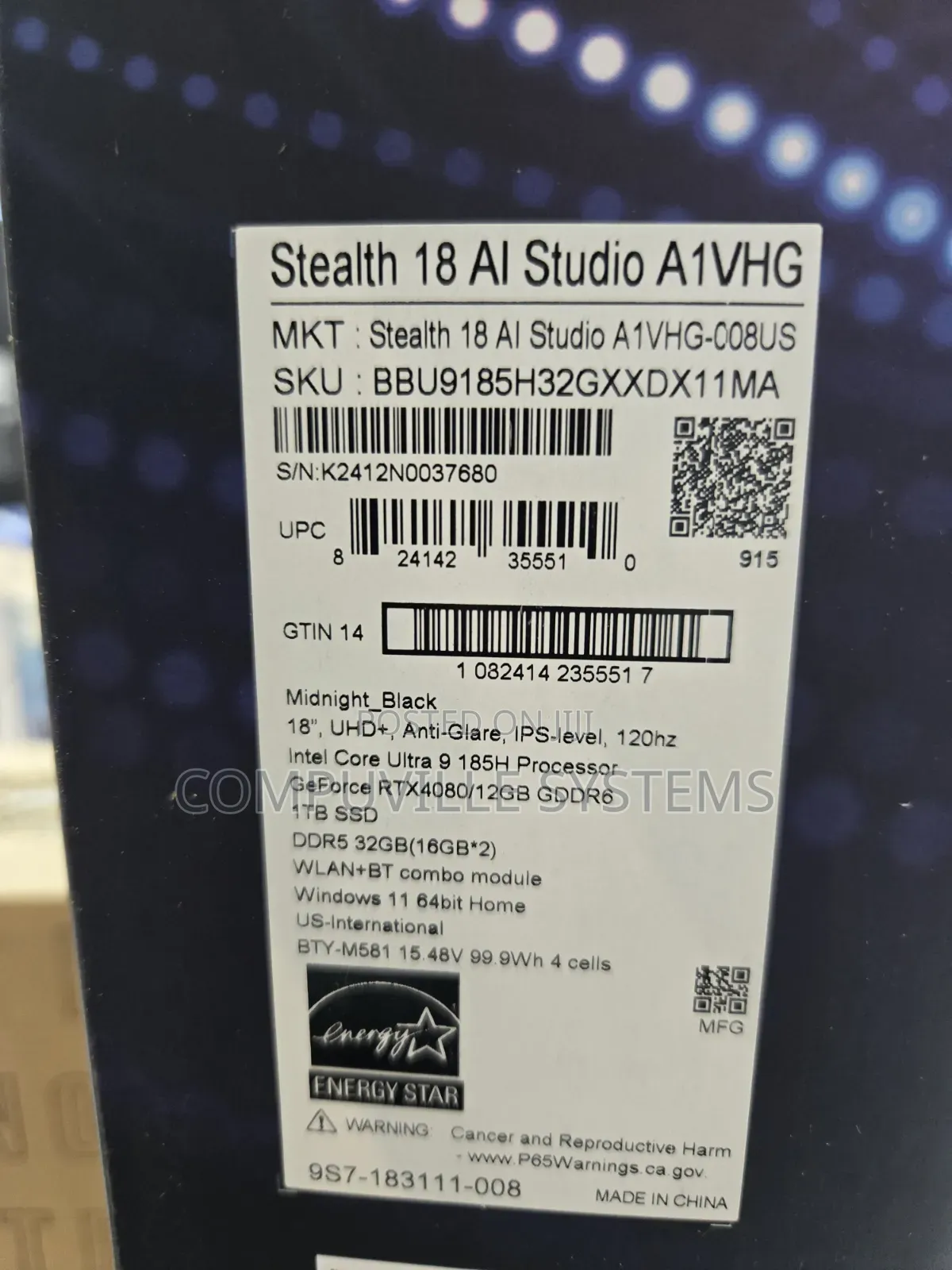 New Laptop MSI Stealth 17 Studio A13V 32GB Intel Core Ultra 9 SSD 1T