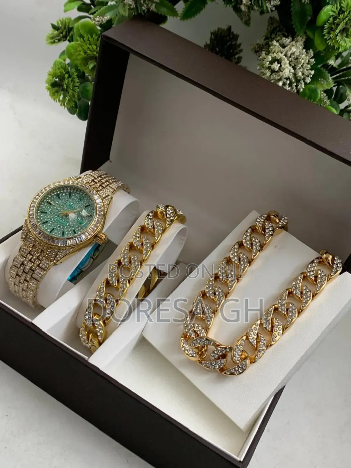 Iced Watch With Matching Iced Bracelet Necklace – Men's Gift Set