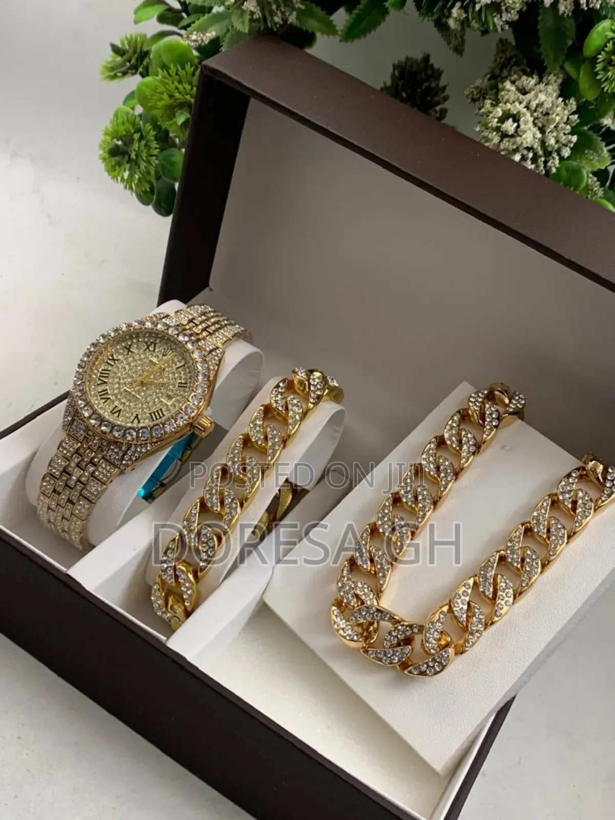 Iced Watch With Matching Iced Bracelet Necklace – Men's Gift Set