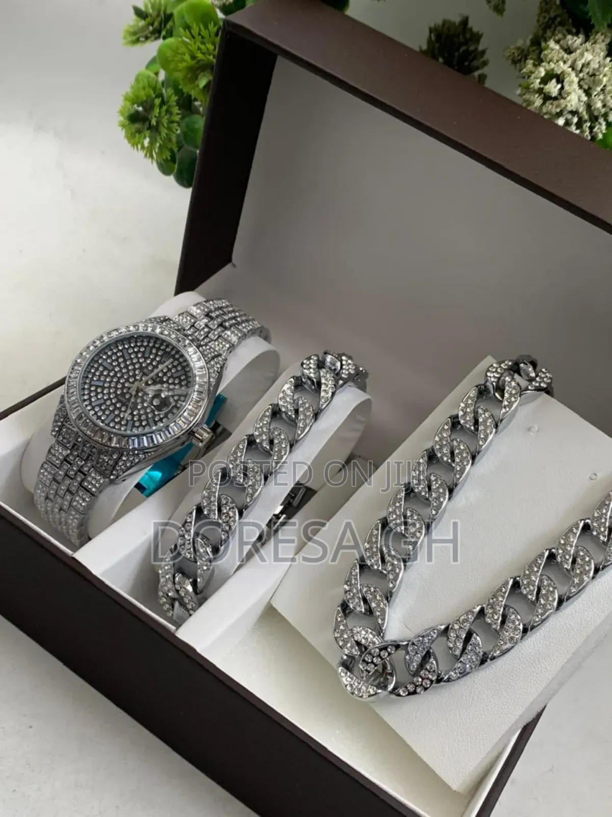 Iced Watch With Matching Iced Bracelet Necklace – Men's Gift Set