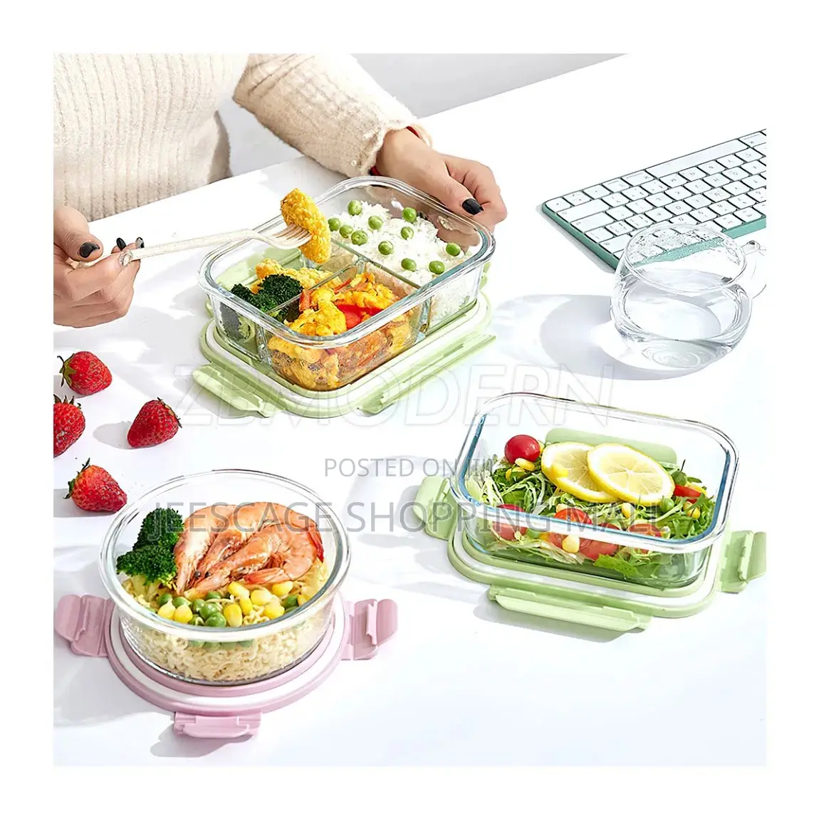 Premium Glass Bento Lunch Box Set Compartment Box 480ml Round Bowl