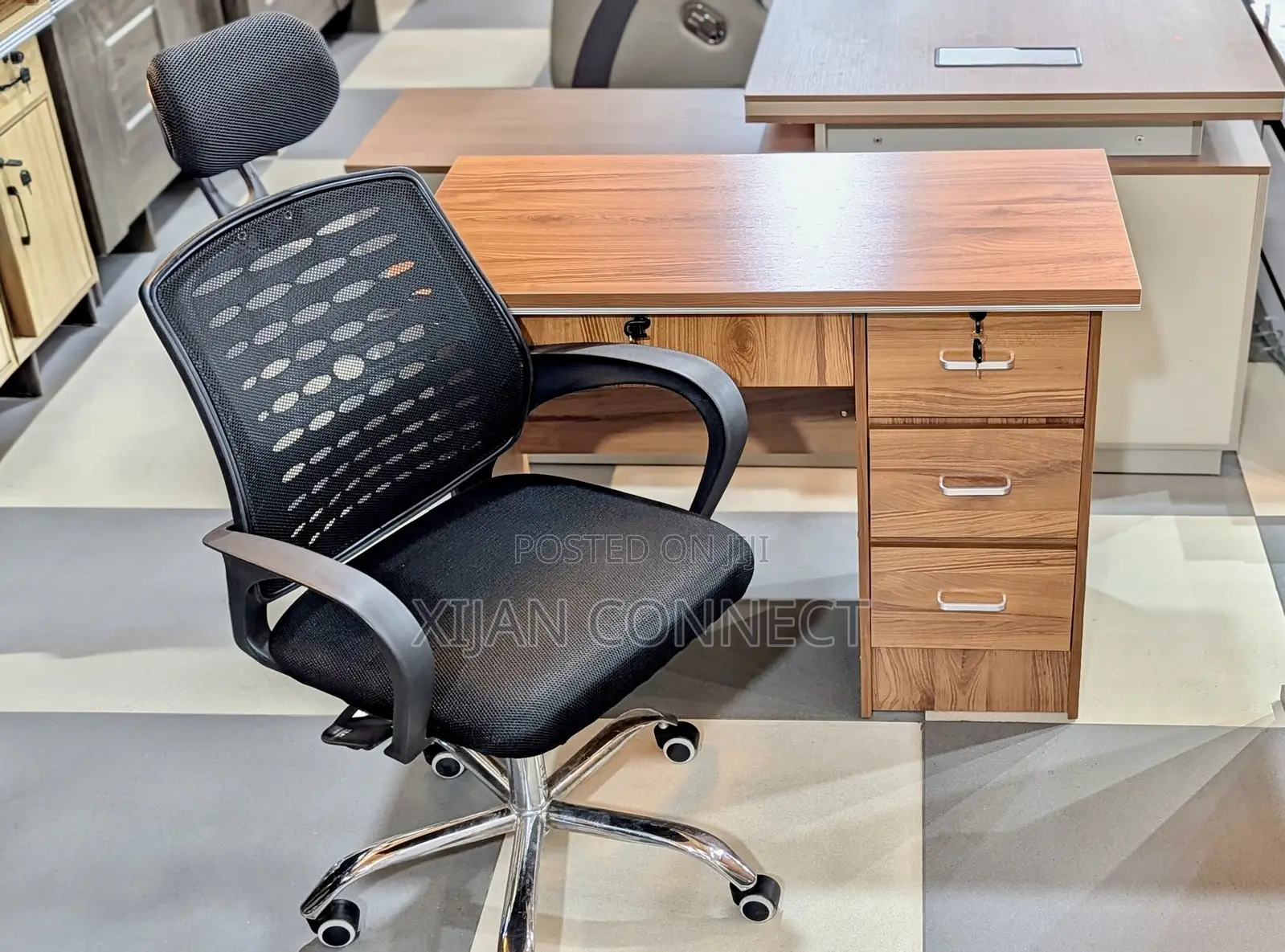 Executive Office Desk With 3-Drawer Cabinet and Mesh Office Chair