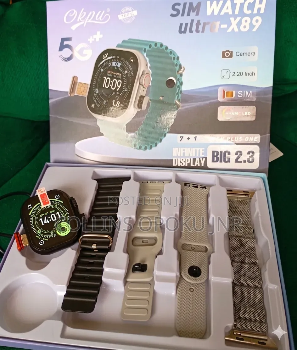 Ultra-X89 Smart Watch With Sim Slot and Camera + 4 Xtra Straps - Black
