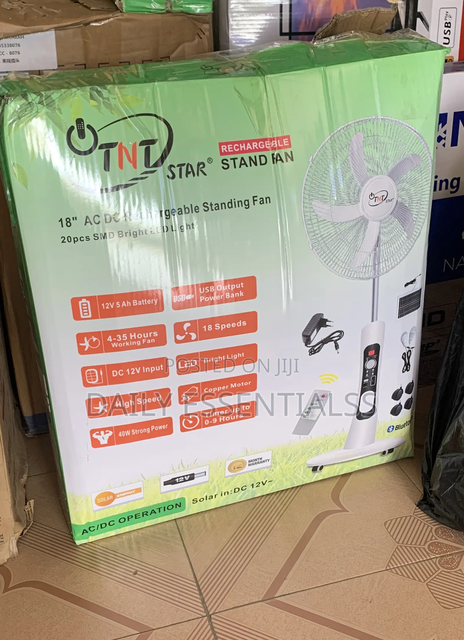 TNT Star Solar Compatible Rechargeable Standing Fan 18”