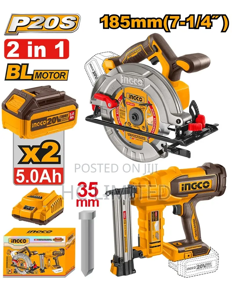 Ingco Cordless 20v Circular Saw 7.25" + Brad Nailer - Cosli240866