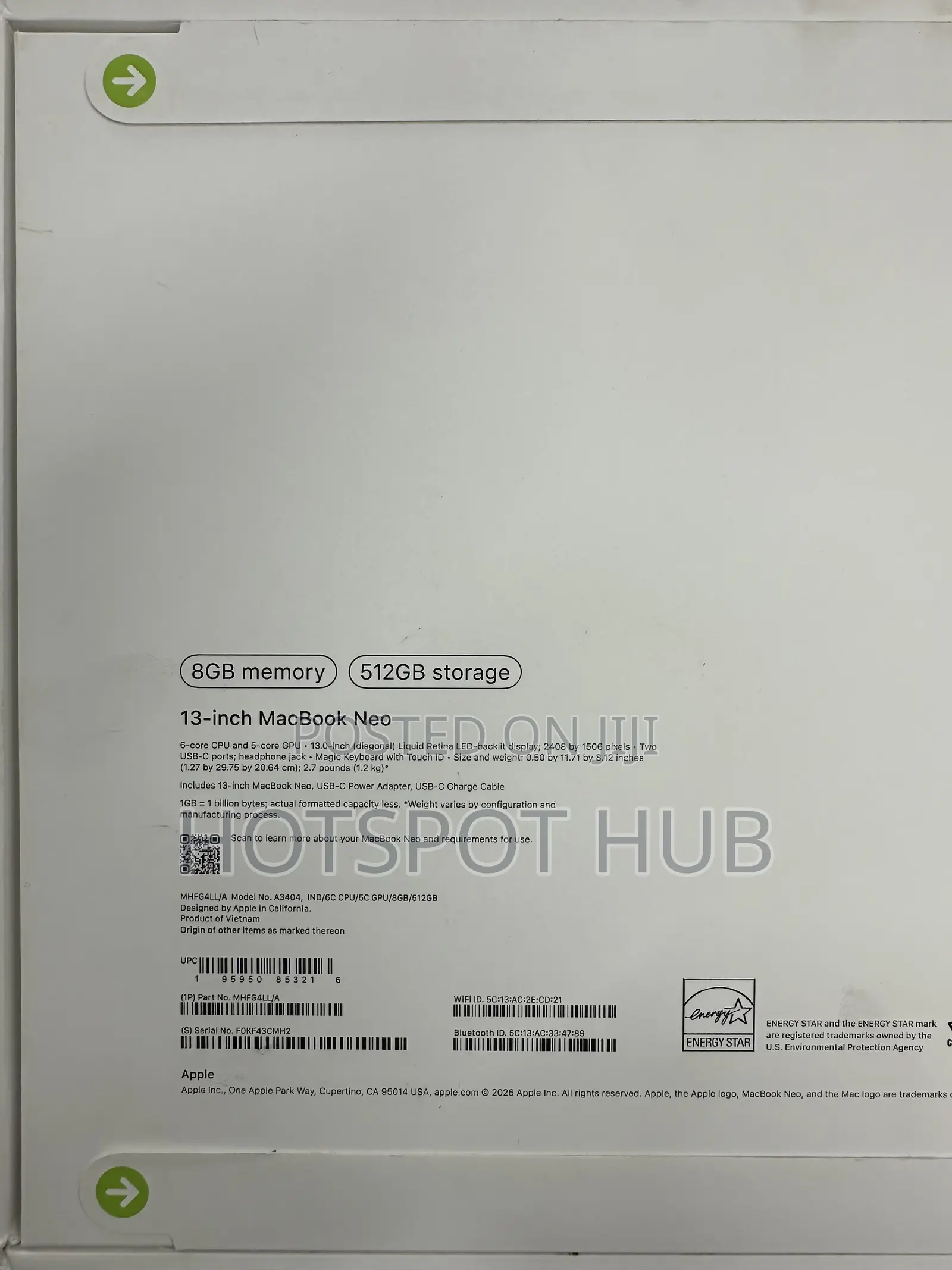 New Laptop Apple MacBook Neo 2026 8GB SSD 512GB