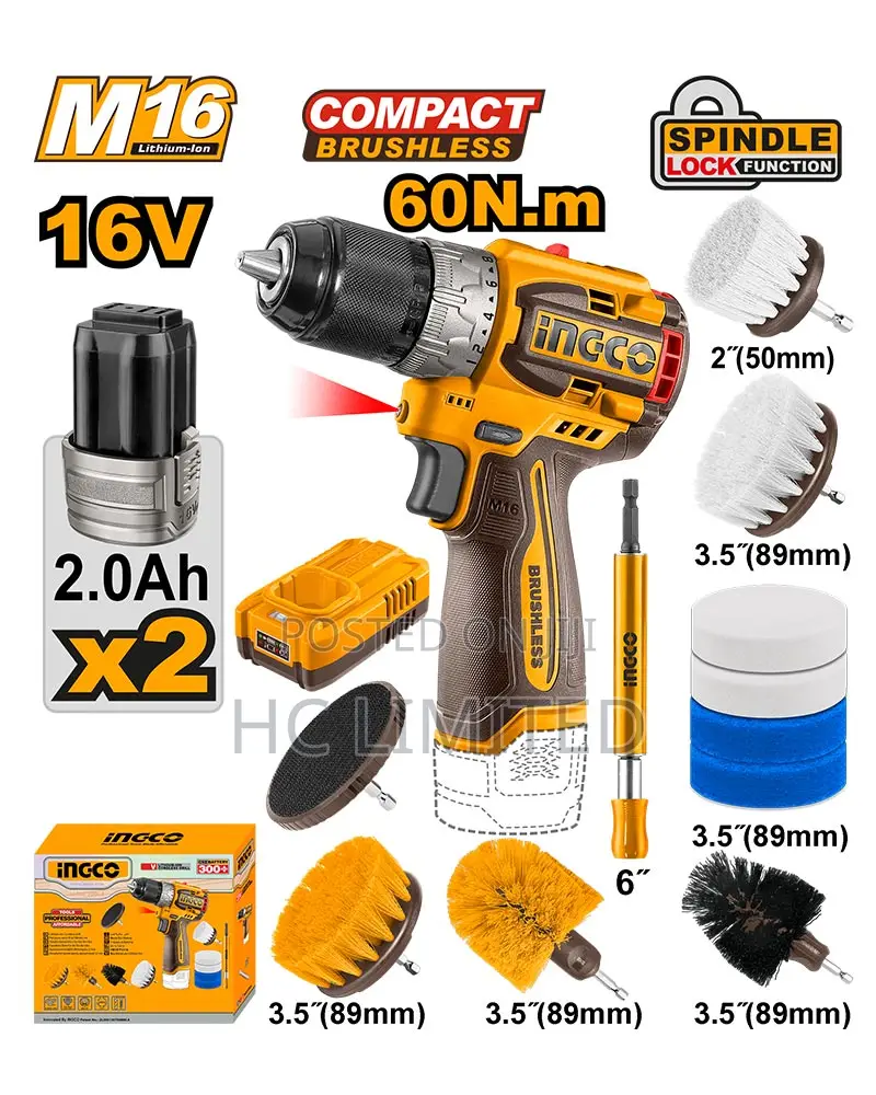 Ingco 16v Cordless Drill 60nm + 2 Batteries Brush Set-Cosli240786