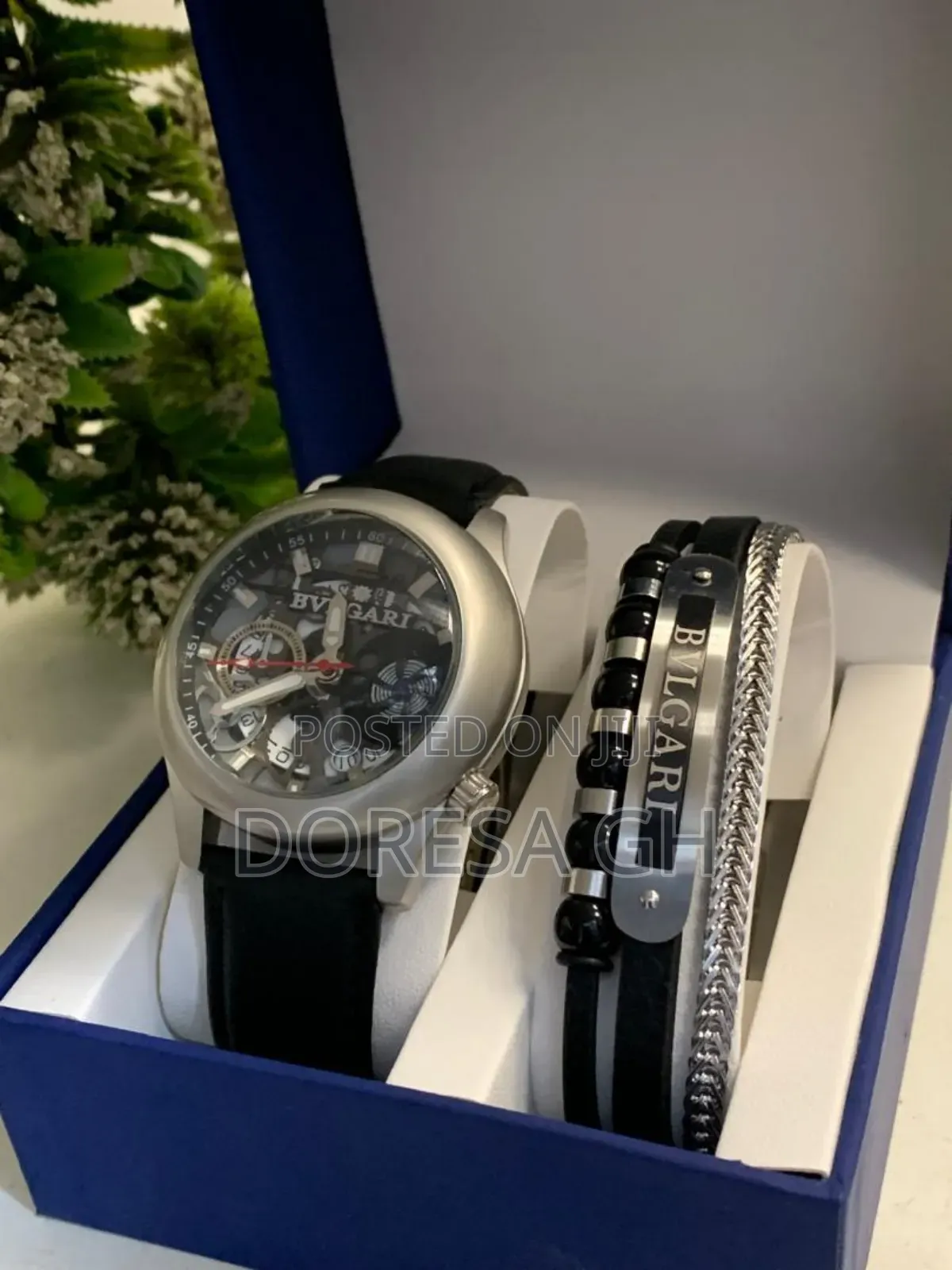 Bvlgari Leather Watch Bracelet Set for Men – Classic Gift Set