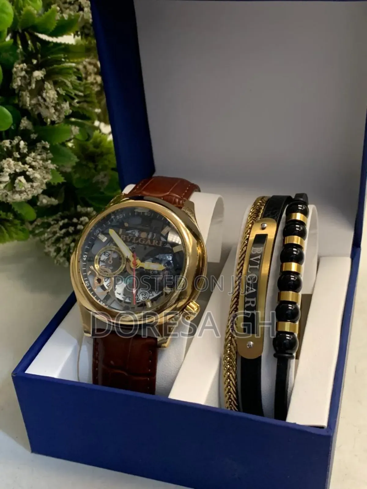 Bvlgari Leather Watch Bracelet Set for Men – Classic Gift Set