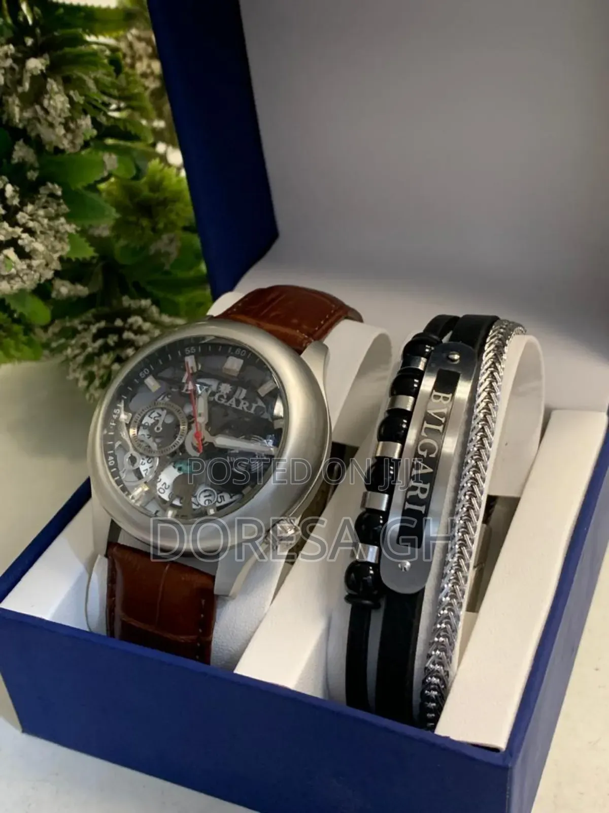 Bvlgari Leather Watch Bracelet Set for Men – Classic Gift Set