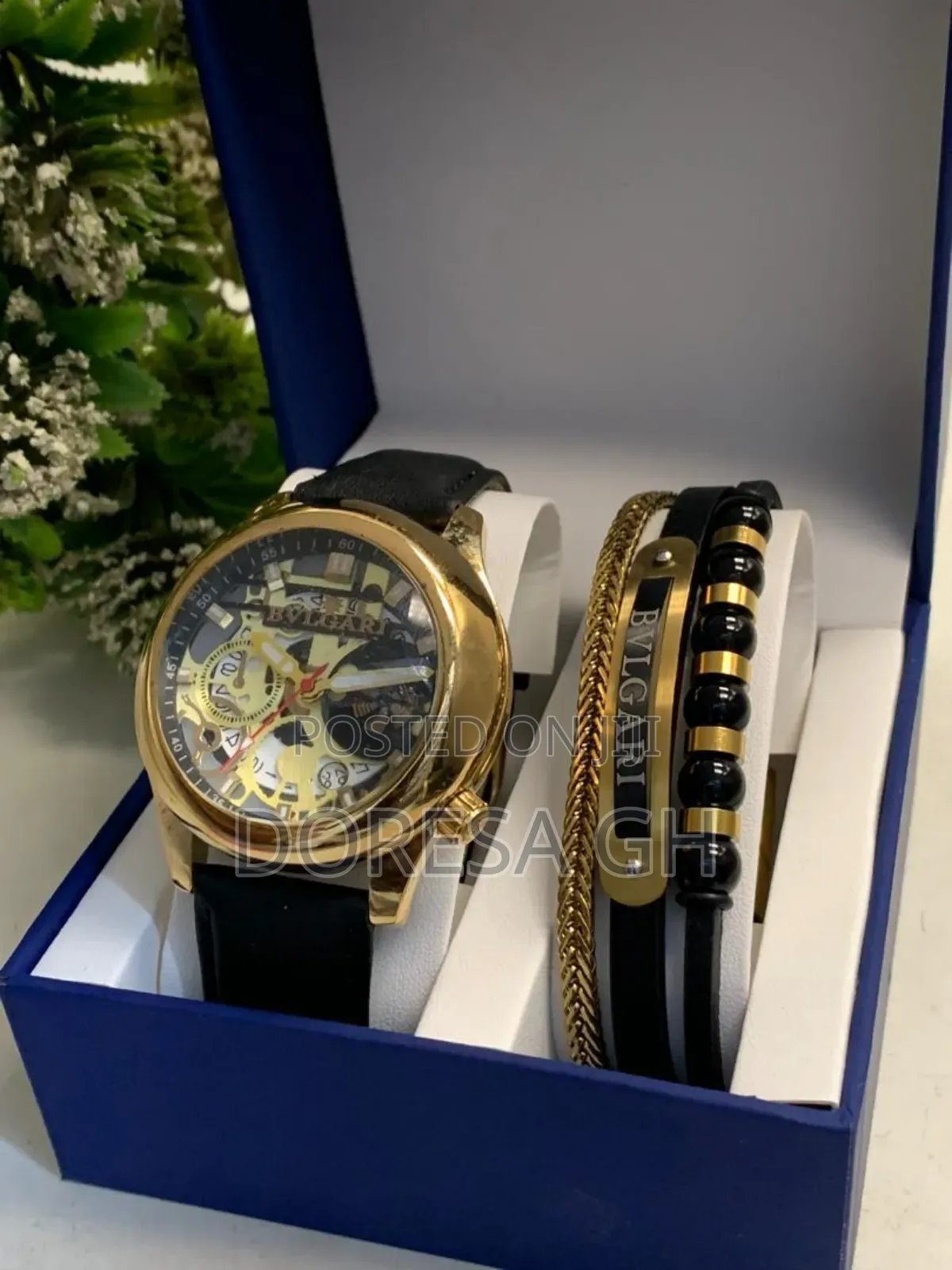 Bvlgari Leather Watch Bracelet Set for Men – Classic Gift Set