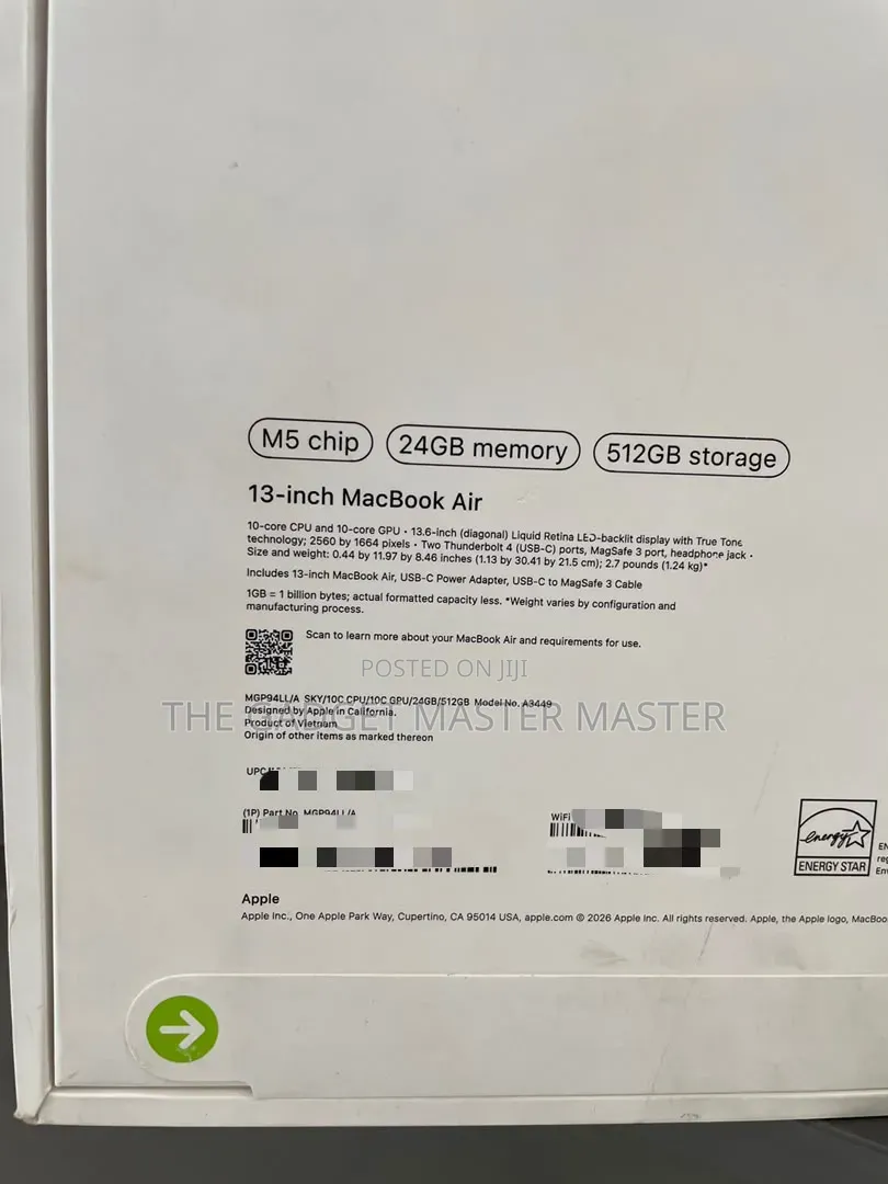 New Laptop Apple MacBook Air 2026 M5 24GB Apple M5 SSD 512GB