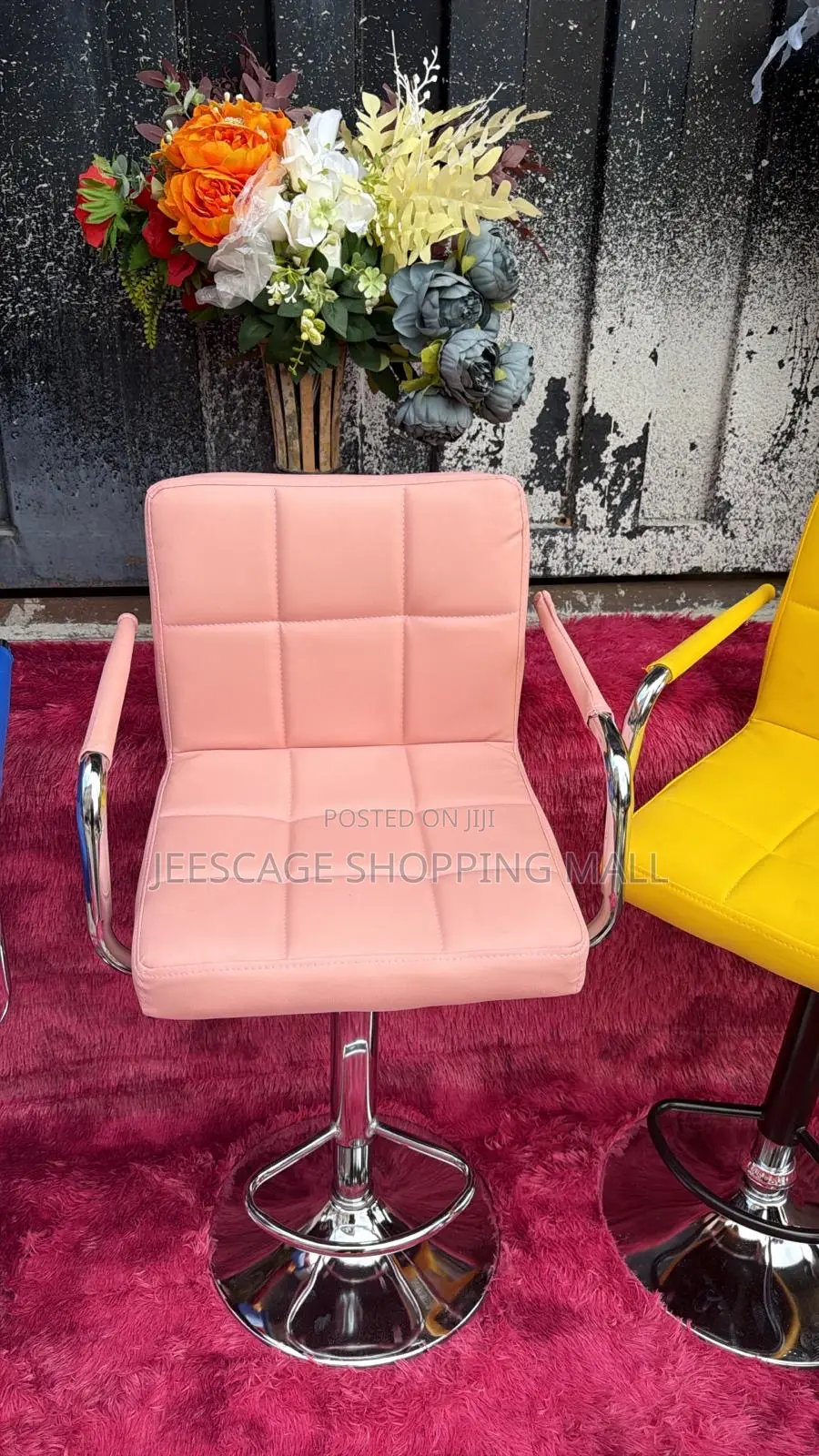 Pink Faux Leather Tufted Adjustable Swivel Bar Stool