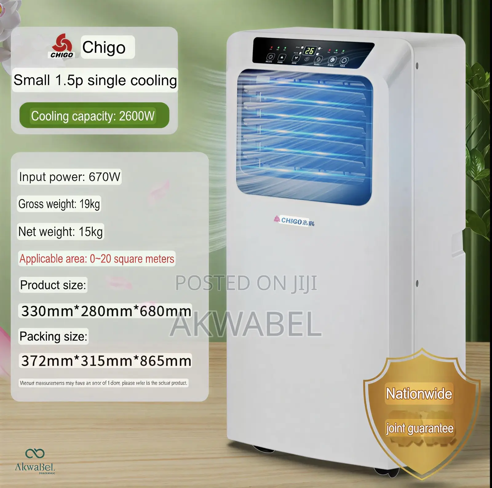 1hp Chigo Portable Ac Fast Cooling Digital Display Energy Efficient