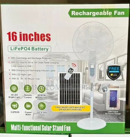 New in Box 16” Rechargeable Standing Fan With Solar Panels GHC 700