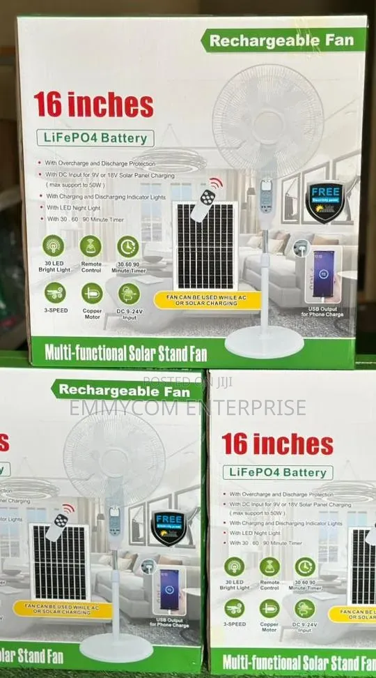 New in Box 16” Rechargeable Standing Fan With Solar Panels GHC 700