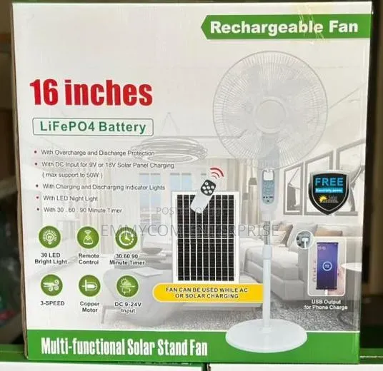 New in Box 16” Rechargeable Standing Fan With Solar Panels GHC 700