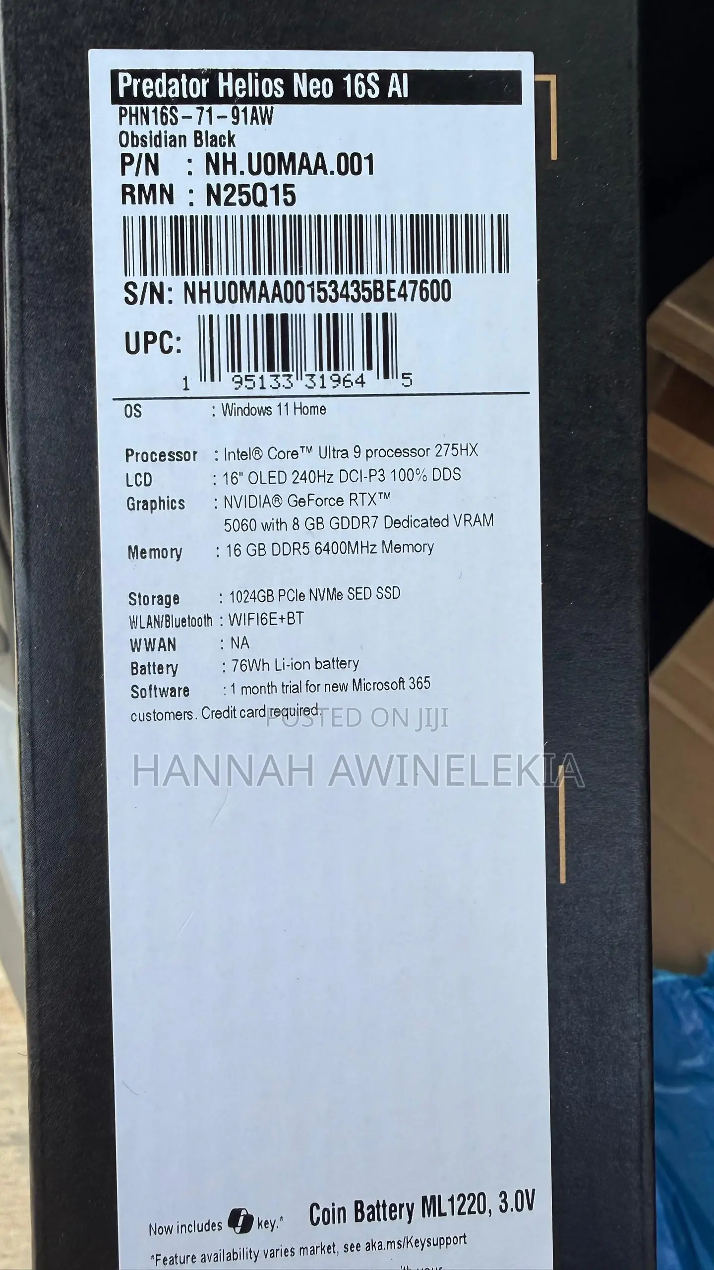 New Laptop Acer Predator Helios Neo 16 16GB Intel Core Ultra 9 SSD 1T