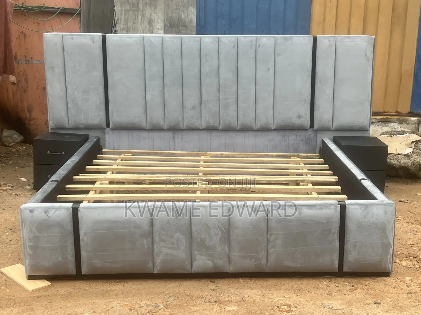 Gray Color Queen Size Bed Frame With Two Sides Drawers Available