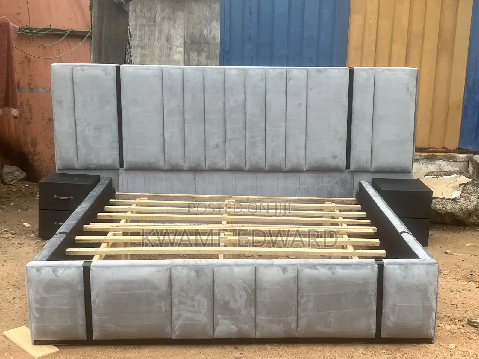 Gray Color Queen Size Bed Frame With Two Sides Drawers Available