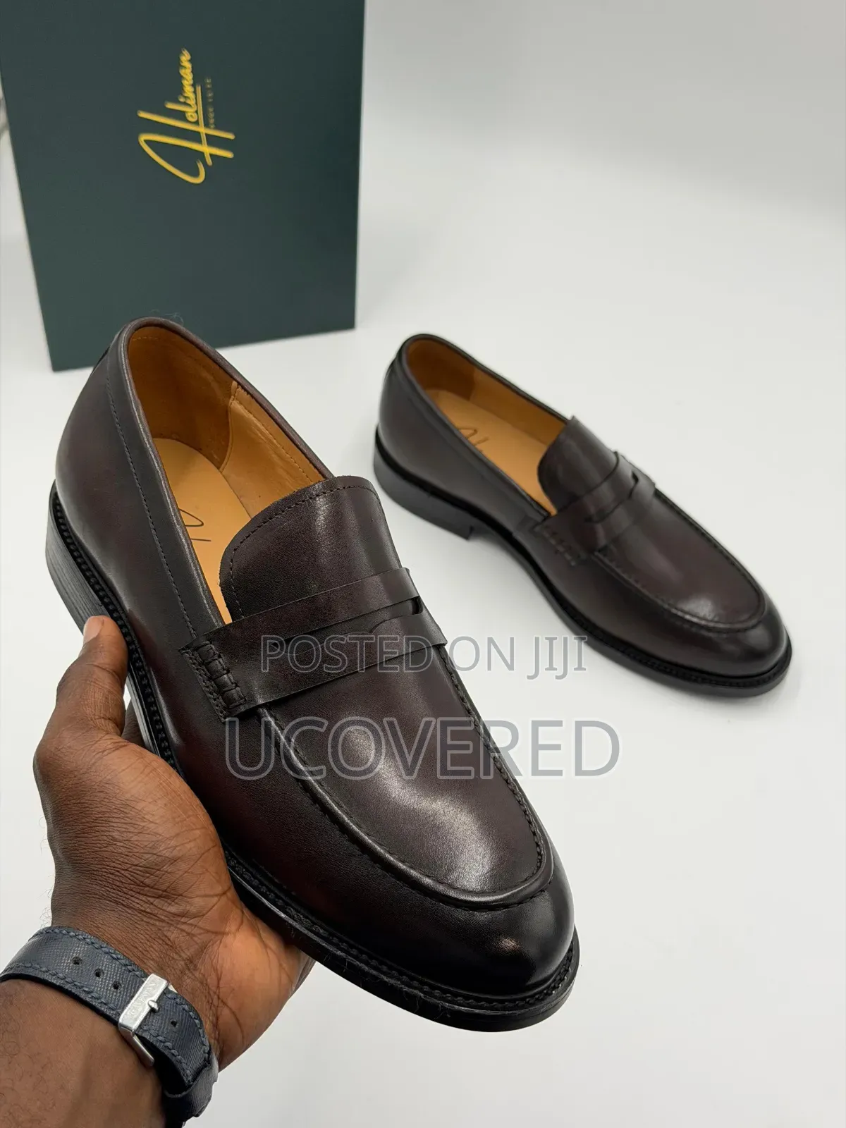 Holiman Men's Leather Penny Loafers With a Polished Black/Brown Finish