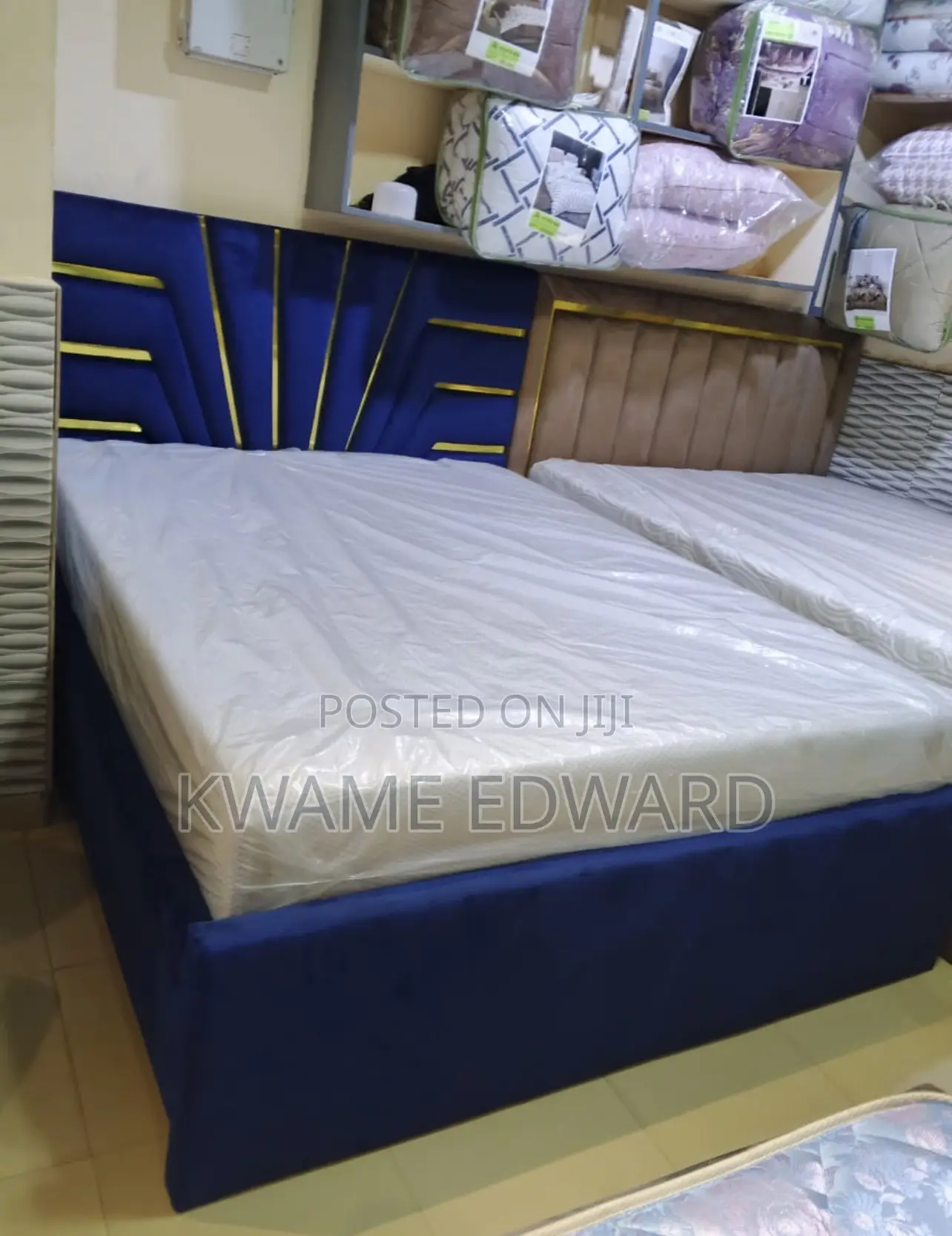 Blue Color Queen Size Bed With Gold Design and Mattress