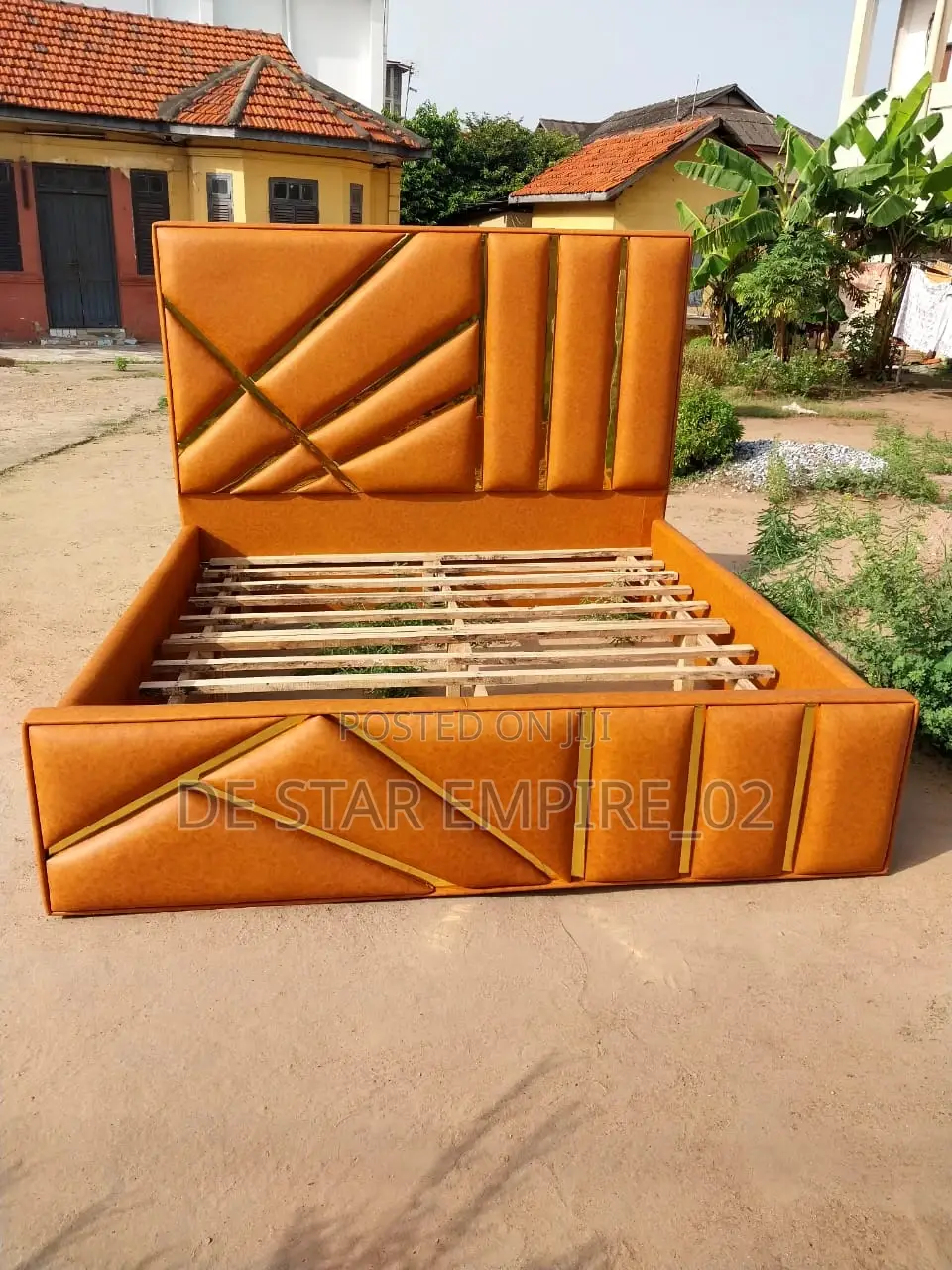 Luxury Upholstered Bed Frame With Gold Accents