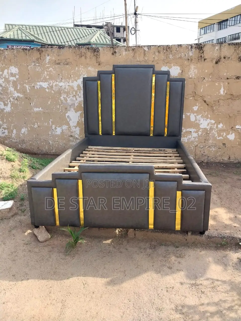 Luxury Upholstered Double Bedframe With Gold Panels