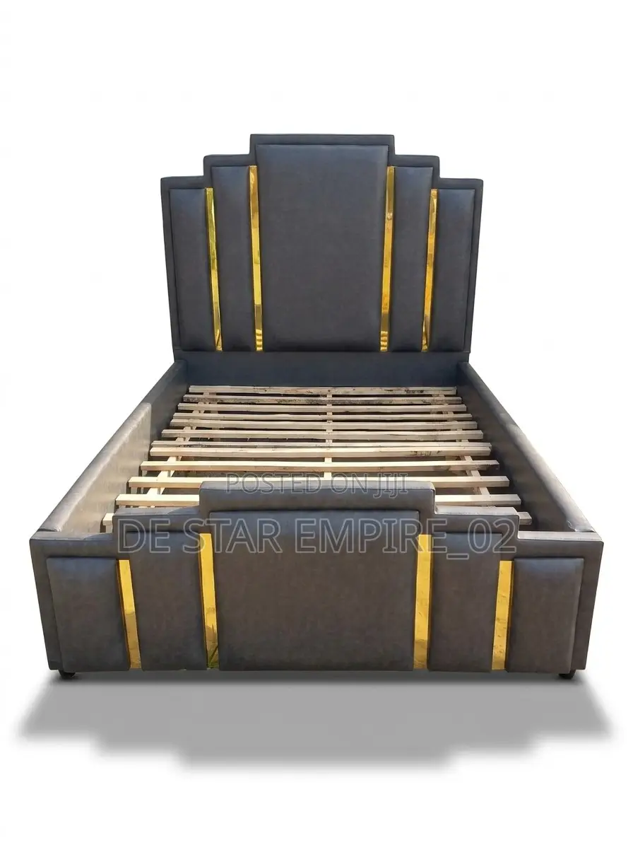 Luxury Upholstered Double Bedframe With Gold Panels
