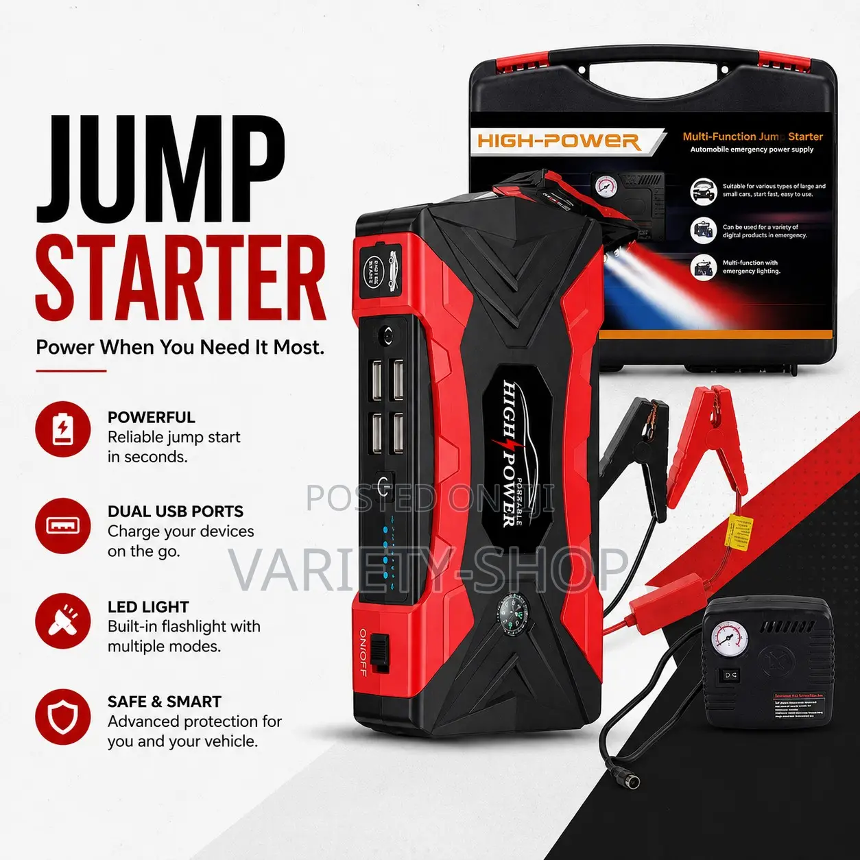Smart Jump Starter With Compressor and Charging Ports